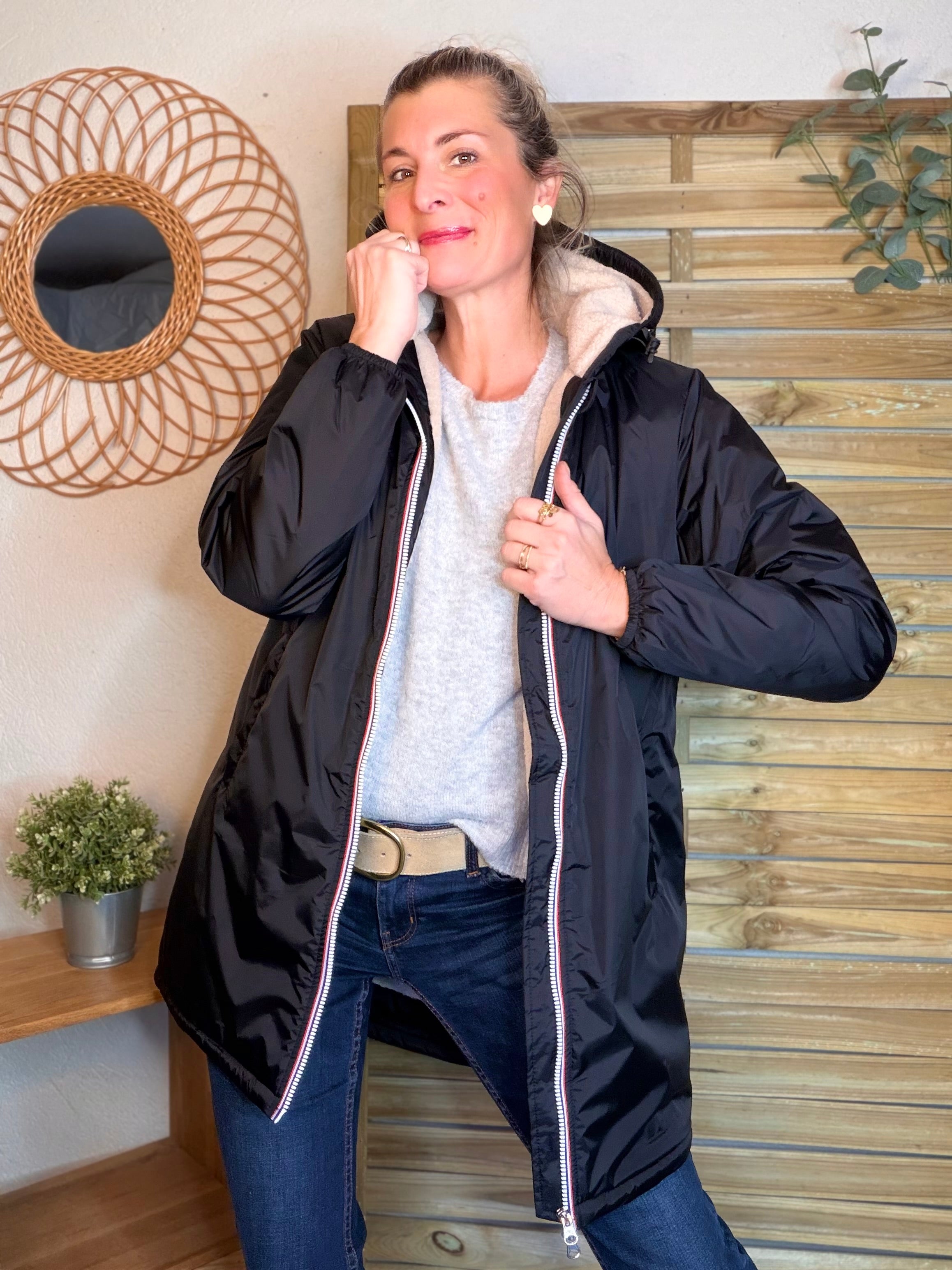 Parka Imperméable LOUISE LONG Sherpa écru - Noir - LAURA JO