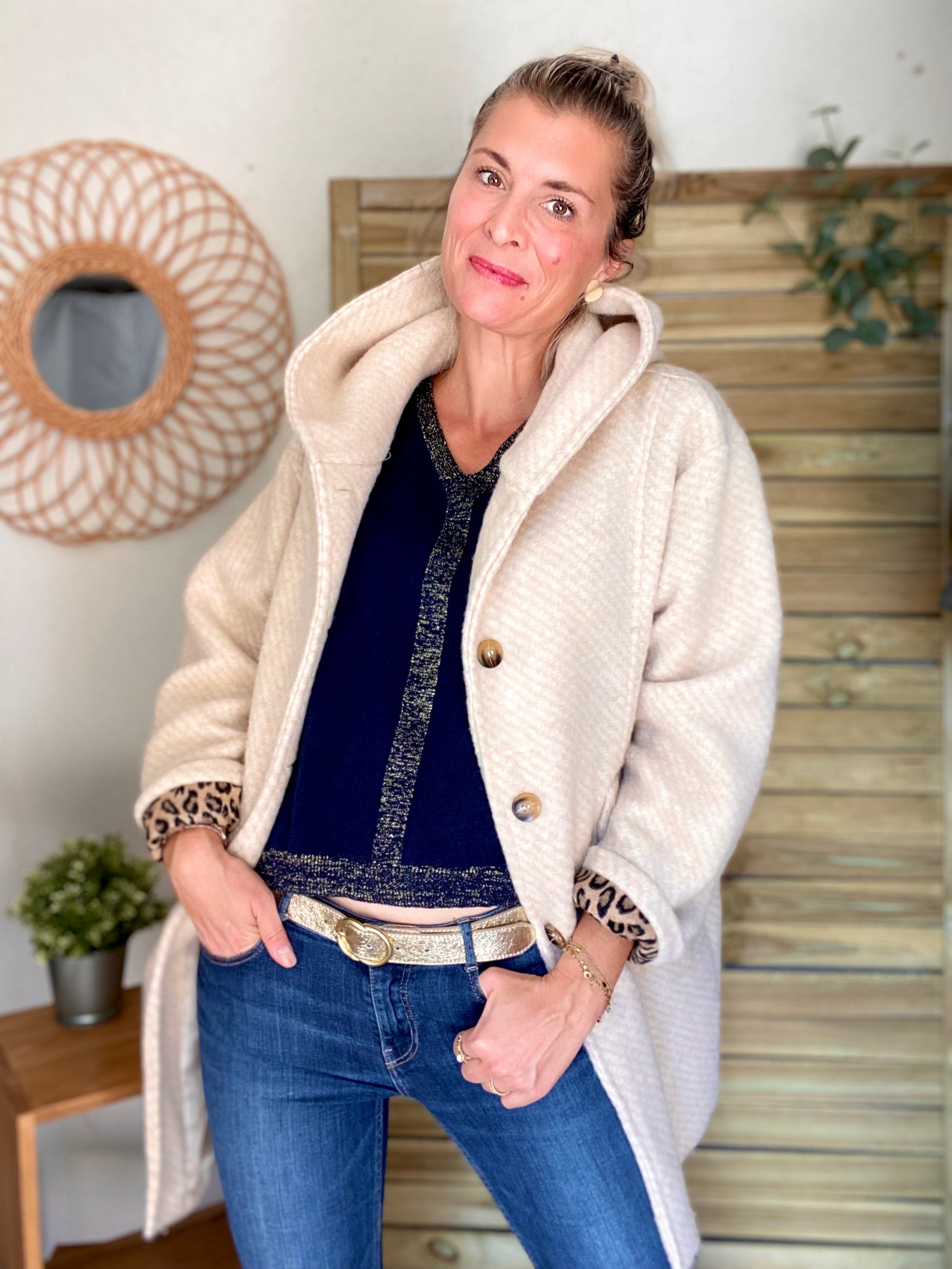 Manteau laine AGATHE avec détails Léo (étoile capuche) - Beige