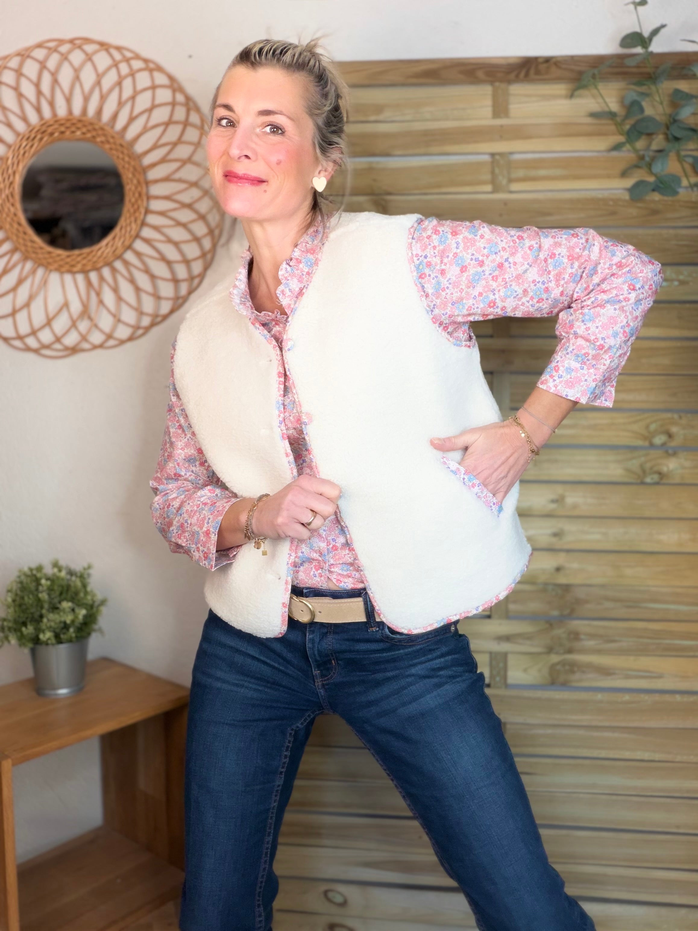 Gilet sans manche moumoute et Liberty LUCIE