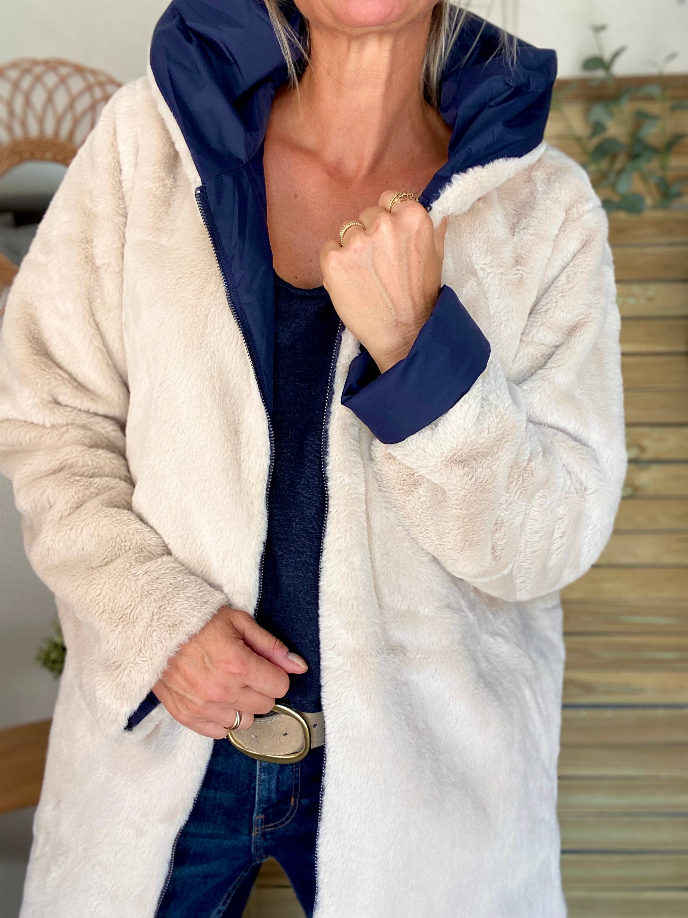 Parka Imperméable réversible fourrée Bleu marine / Beige ALIX - LAURA JO