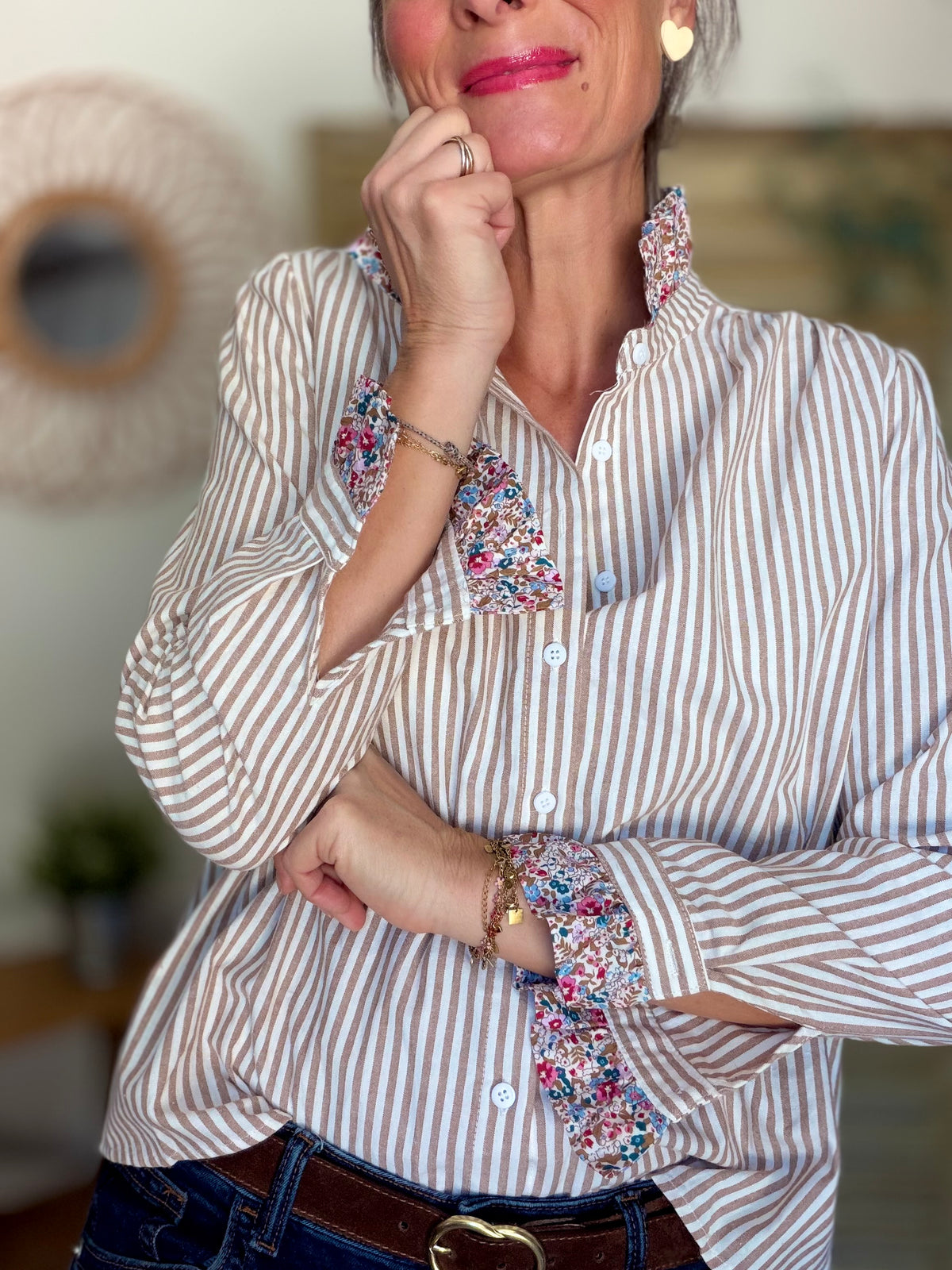 Chemise rayée Camel clair, col victorien Liberty MAEVA
