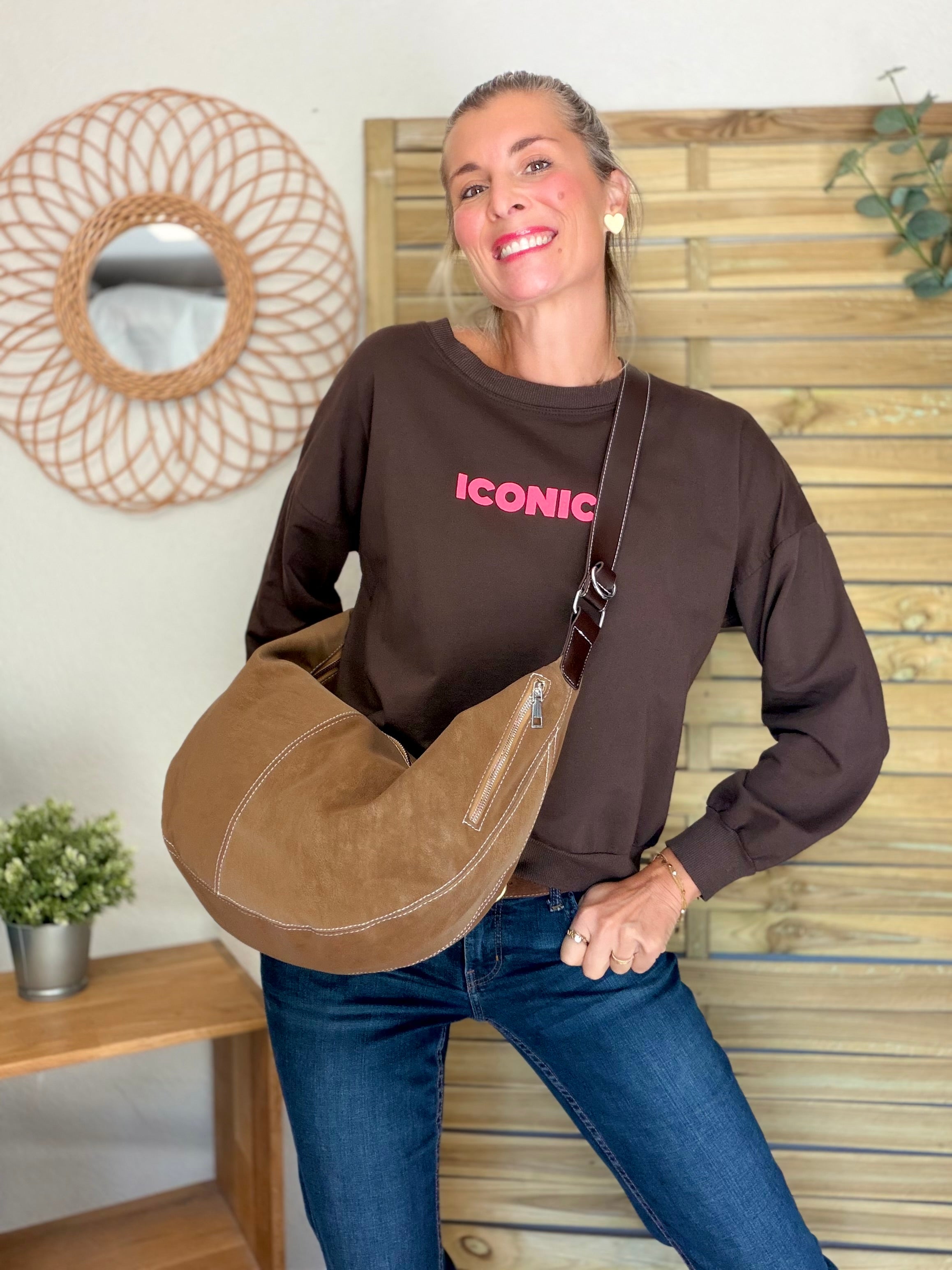 Sac besace XXL en simili cuir brossé - HAROLD Taupe