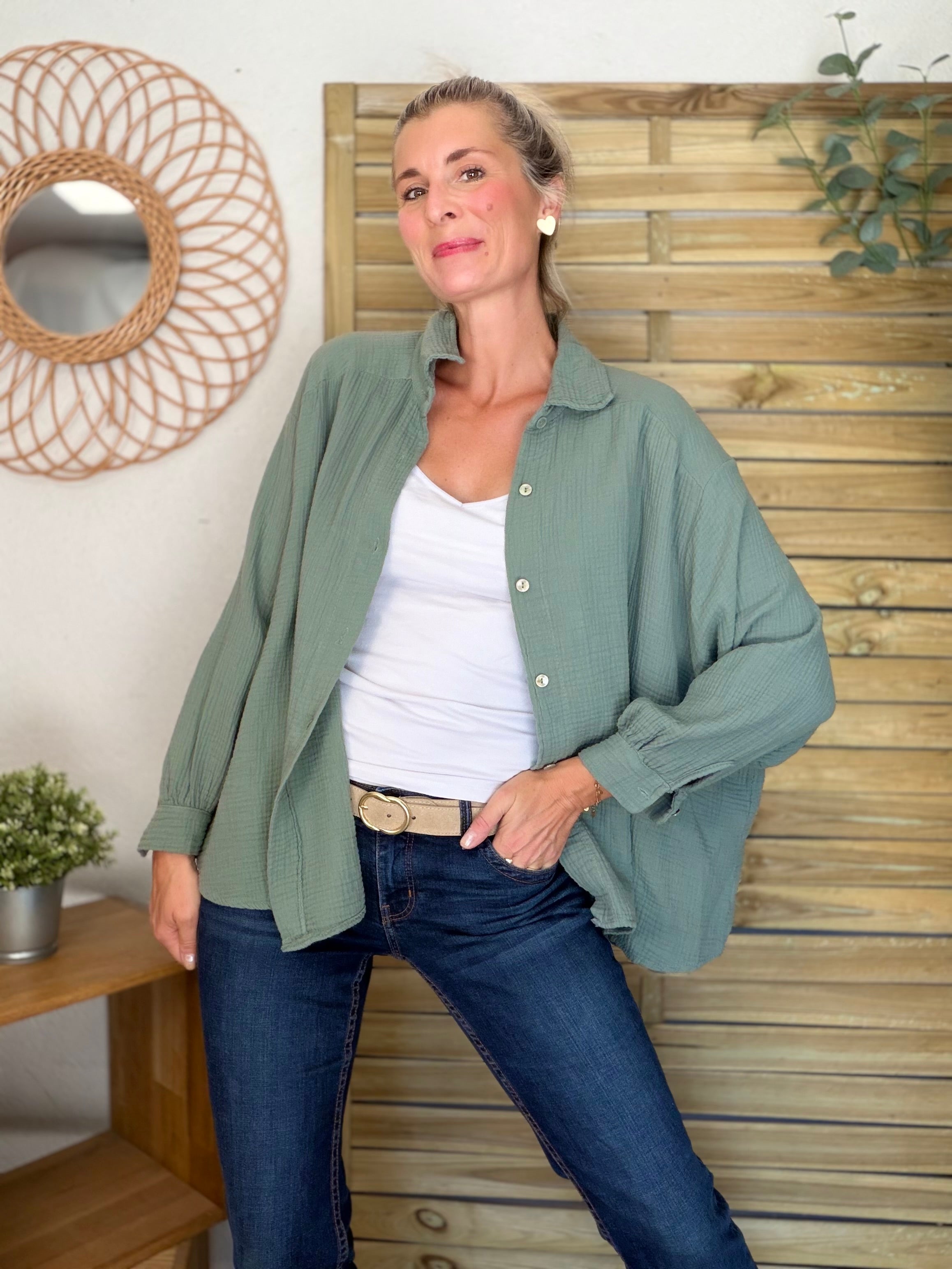 Chemise en gaze de coton unie FÉLICIA Kaki