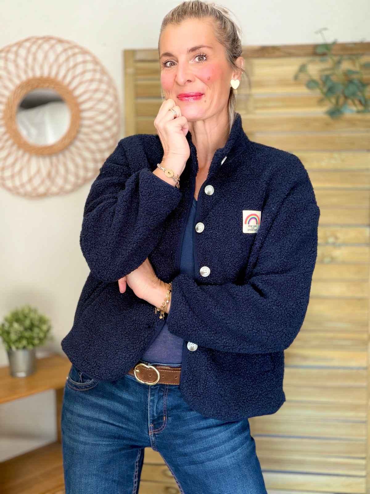 Veste Sherpa boutonnée écusson Arc-en-ciel ÉNORA Bleu marine
