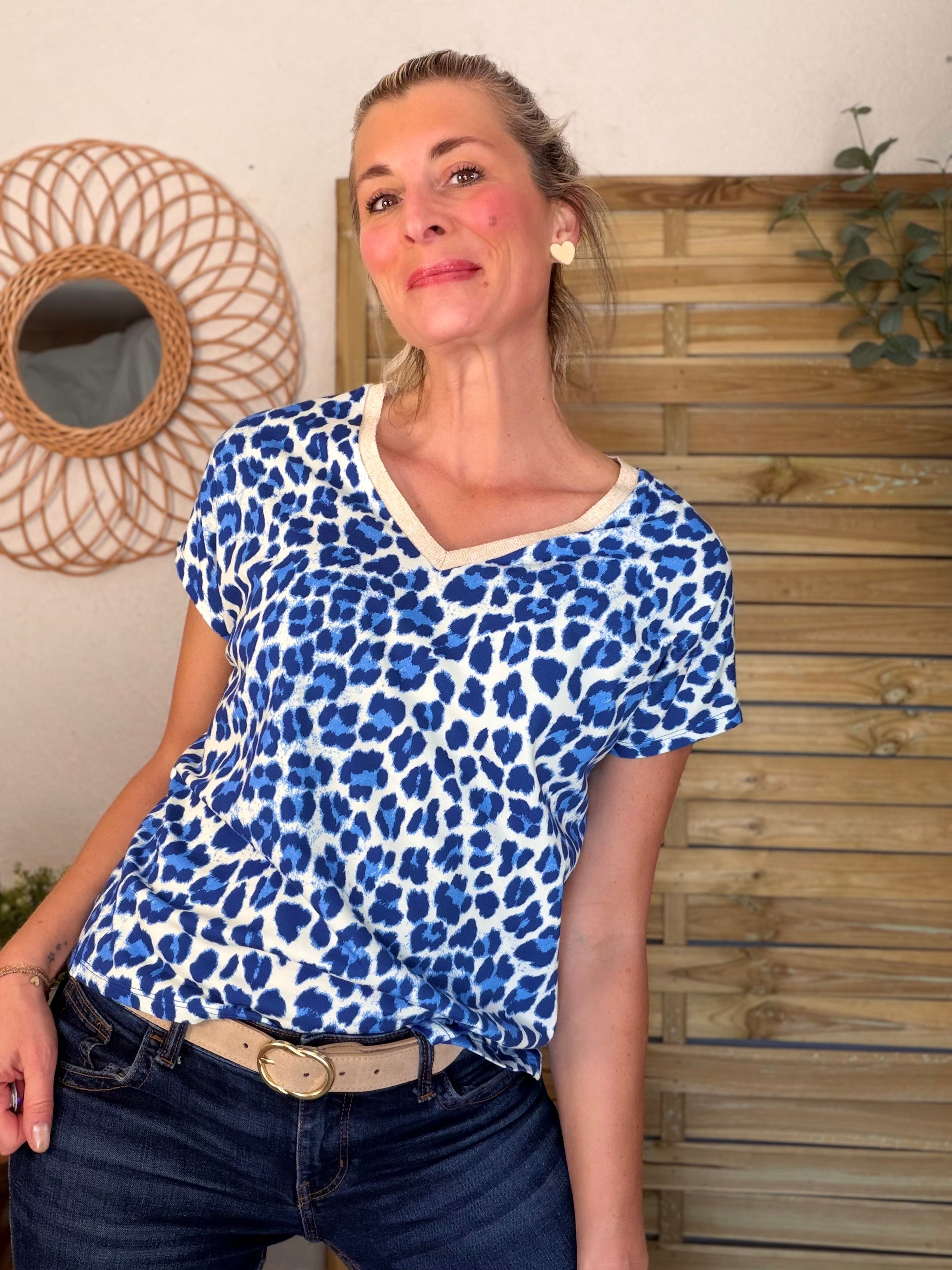 Top imprimé Léo col V lurex MIRTA - Bleu
