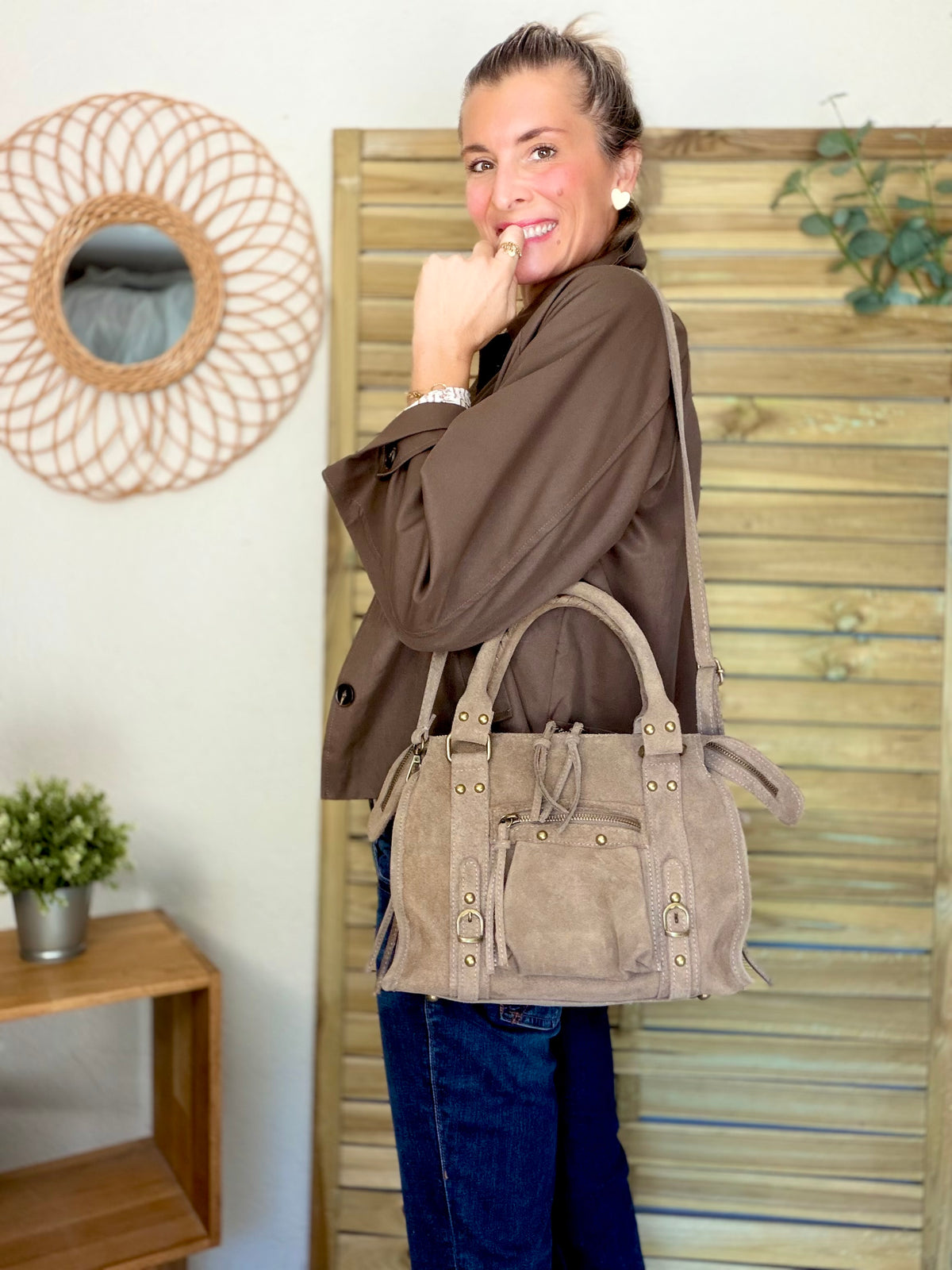 Sac à main en cuir daim • HUNTER Petit format - Taupe