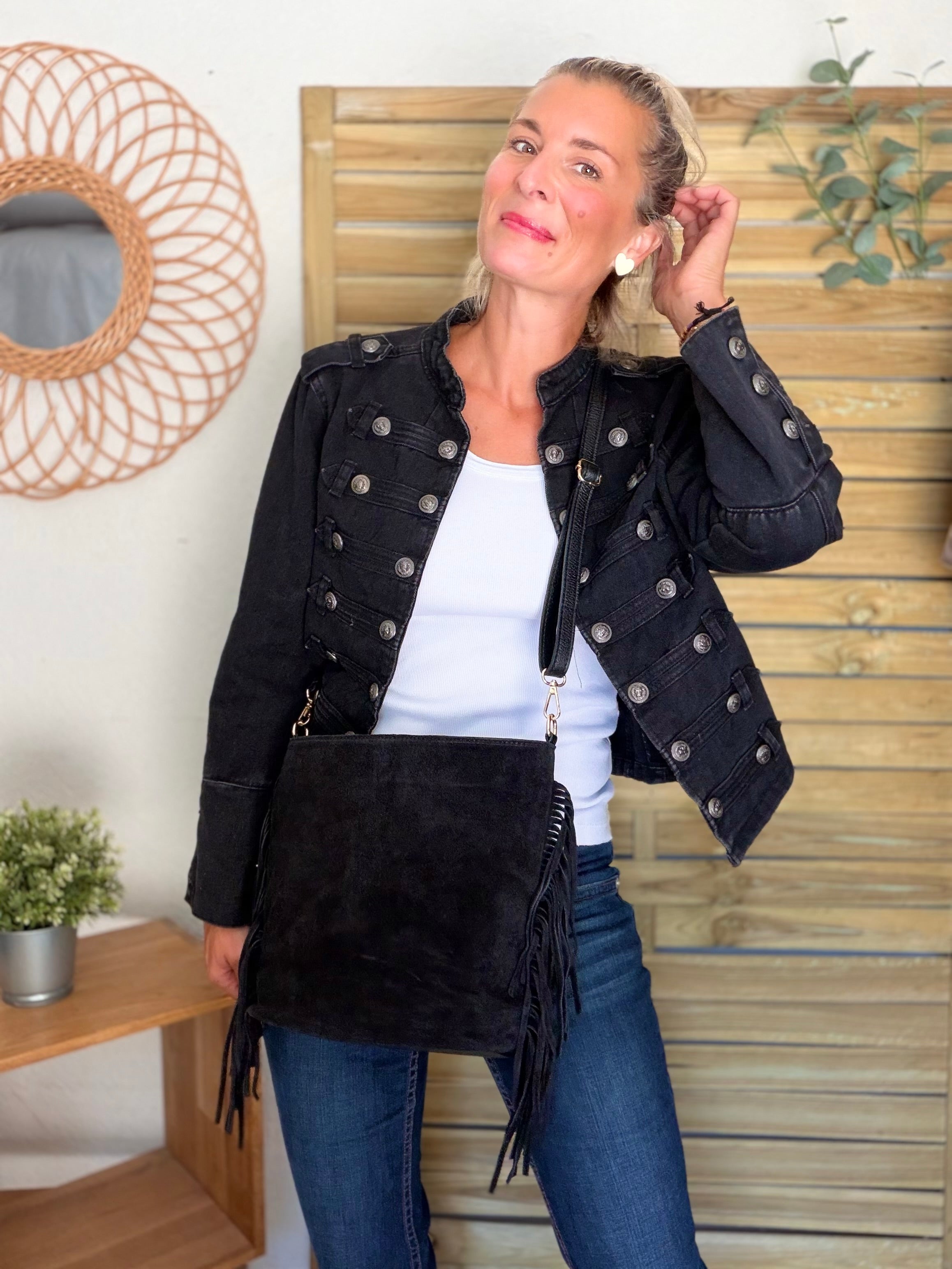 Sac seau en cuir daim avec franges KYLIE - Noir