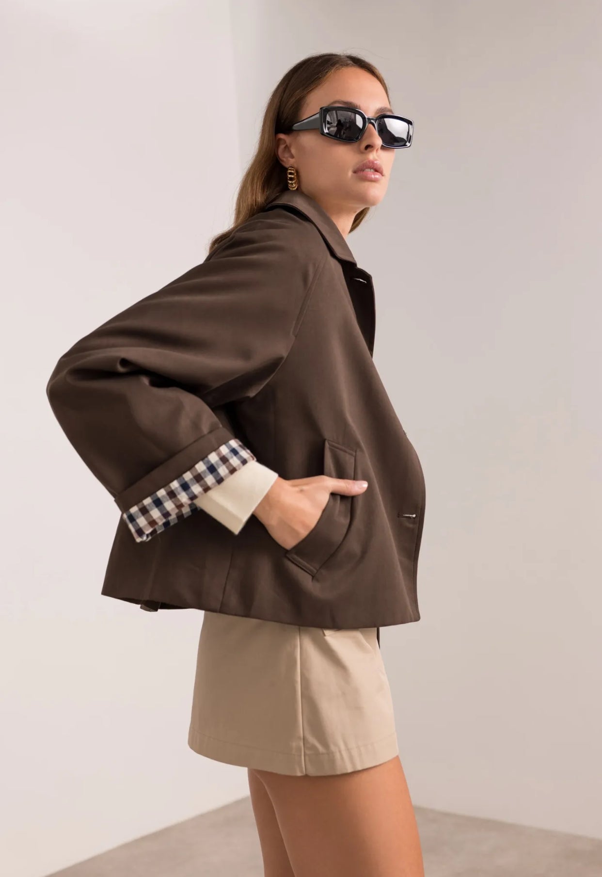 Veste Trench en coton avec vichy - YSEULT court Chocolat