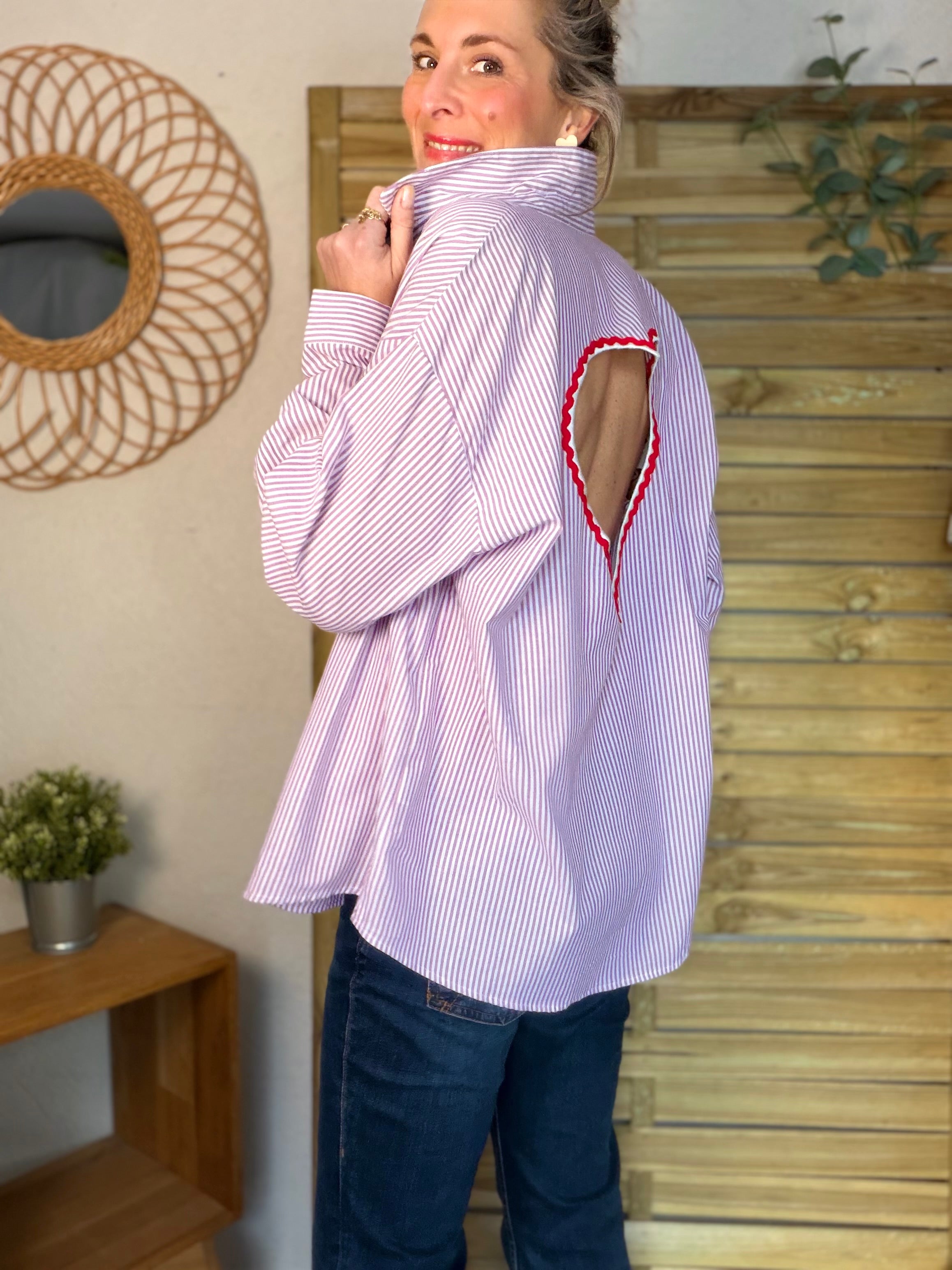 Chemise rayée rose cerise cœur ajouré dos ❤️ AMANDA
