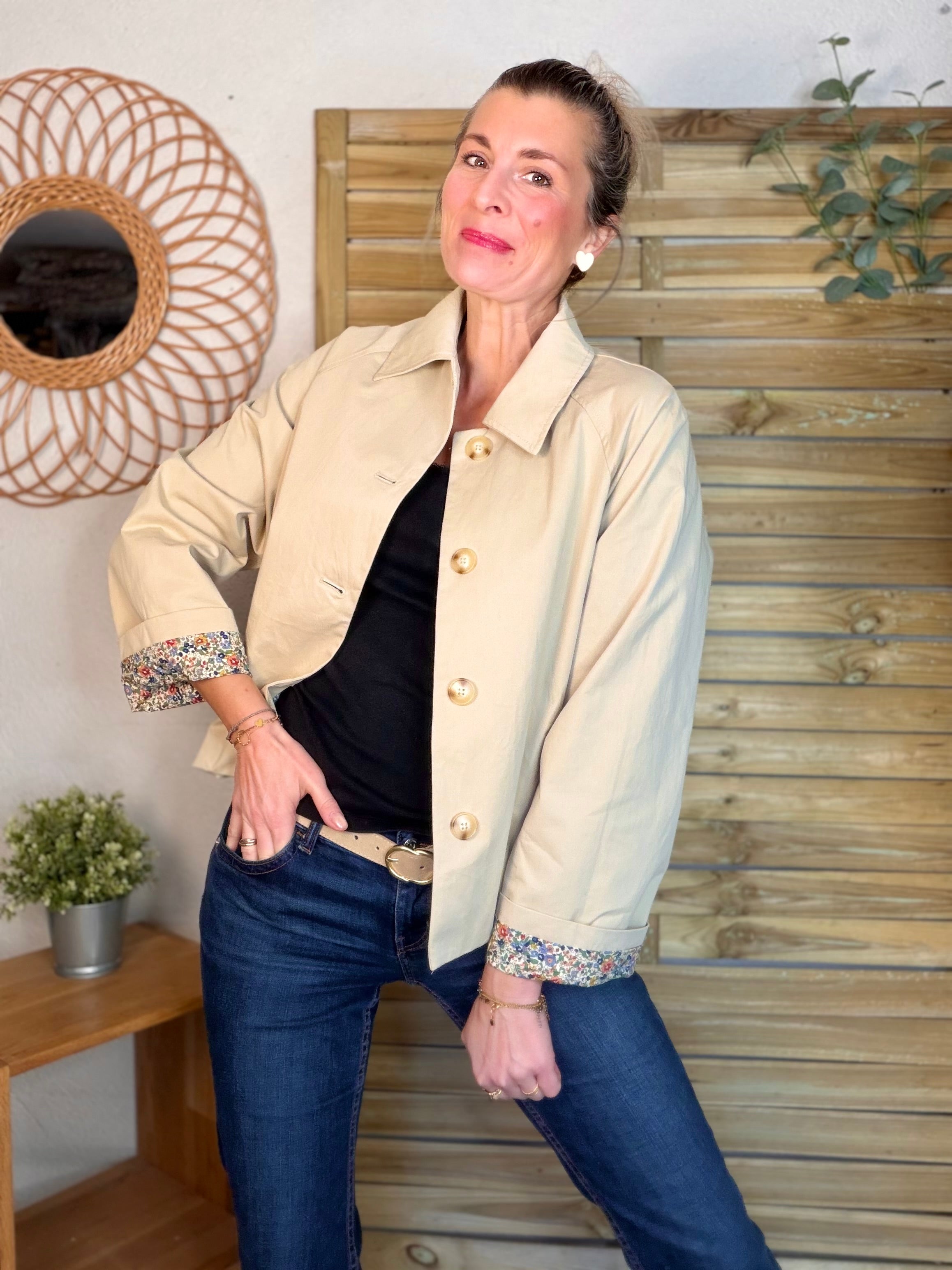 Veste Trench en coton beige avec Liberty - MARION (Taille 2 ans à la Taille L)