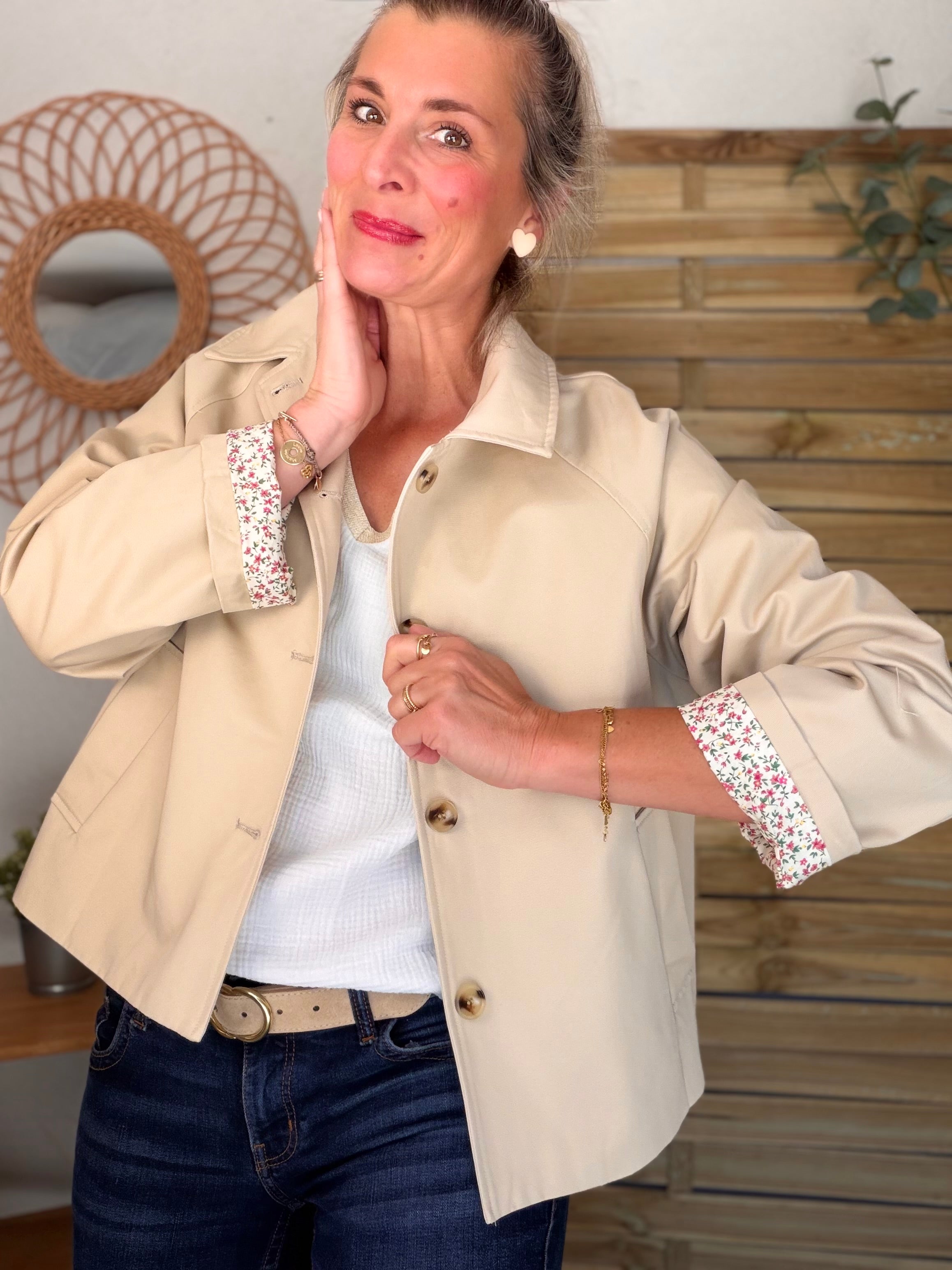 Veste Trench en coton avec Liberty - JOHAN Beige