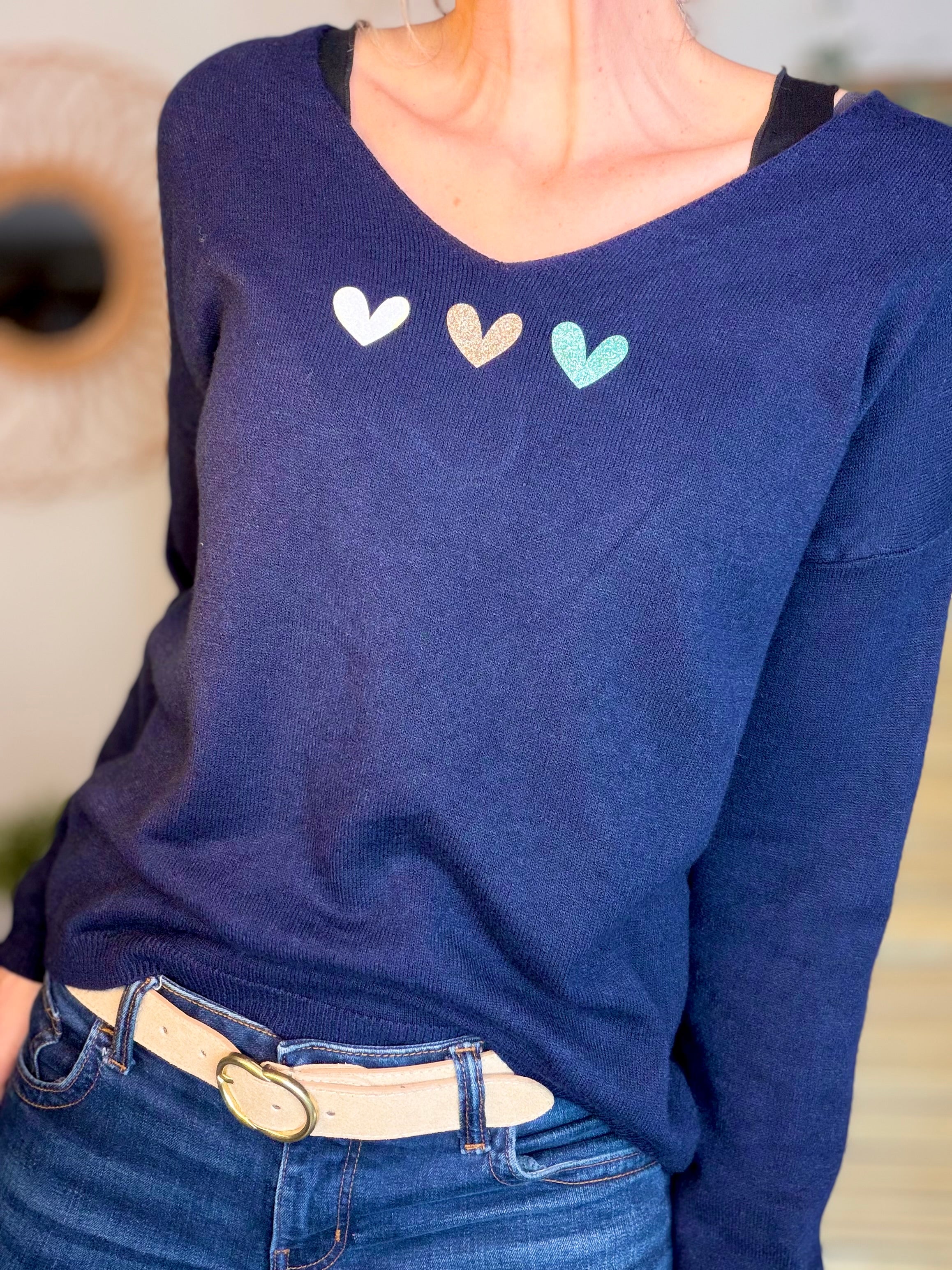Pull fin 3 cœurs 💛 BERTILLE - Marine
