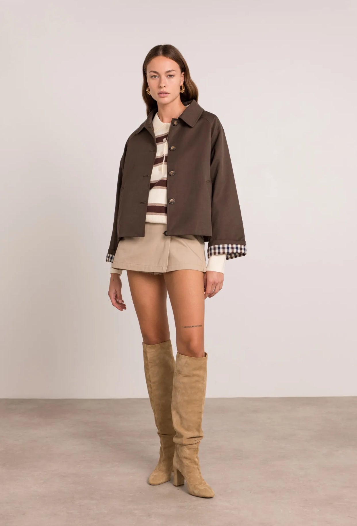 Veste Trench en coton avec vichy - YSEULT court Chocolat