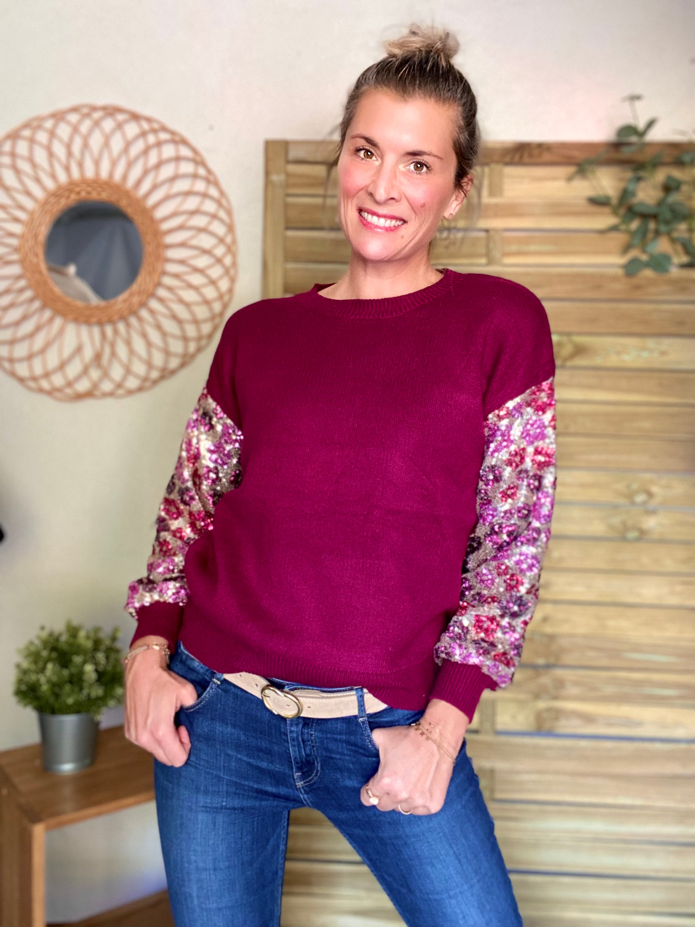 Pull ANDRÉA avec manches à sequins motif fleurs - Bordeaux