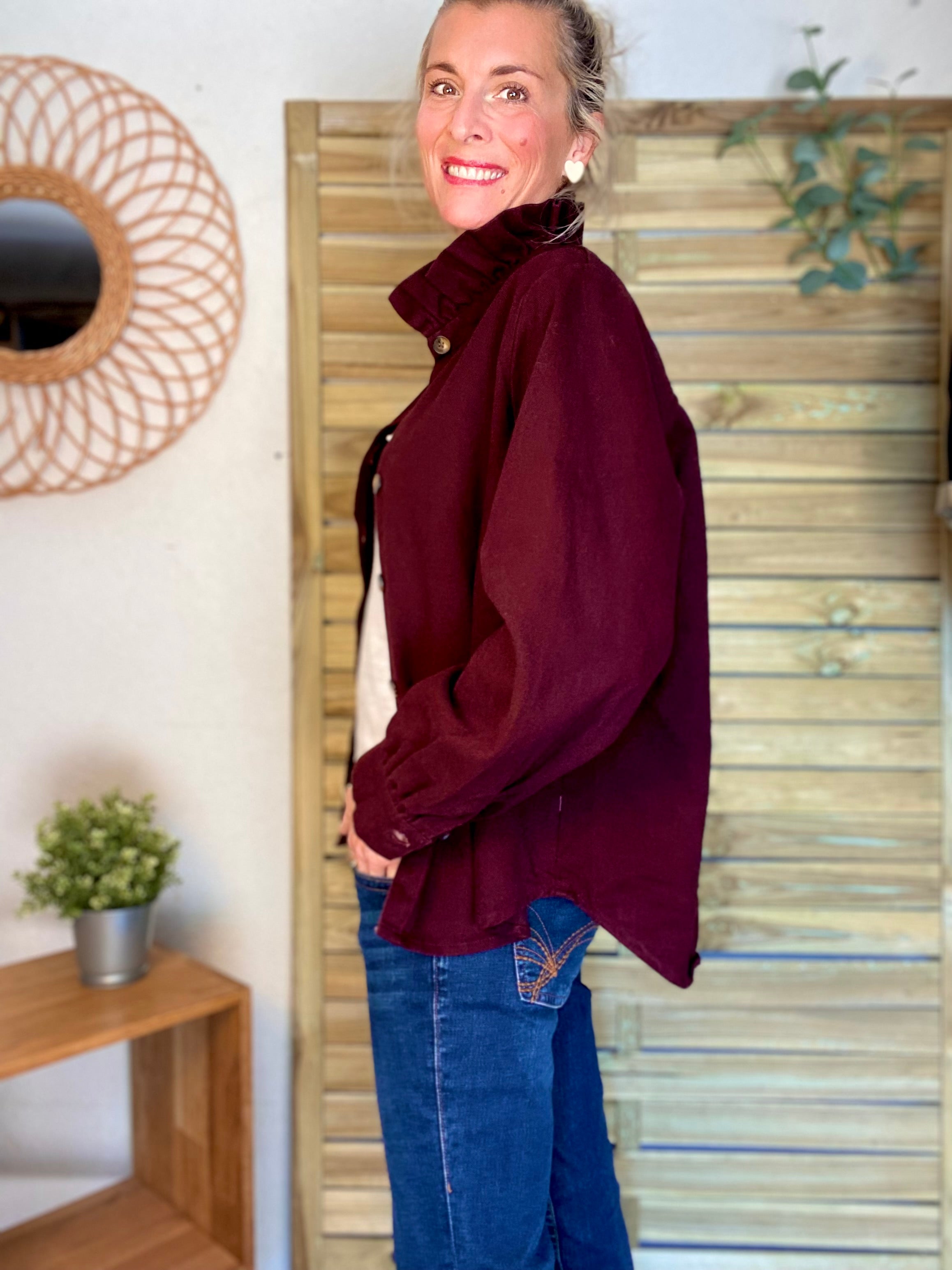 Veste / Chemise en coton, col victorien volanté LISA - Prune