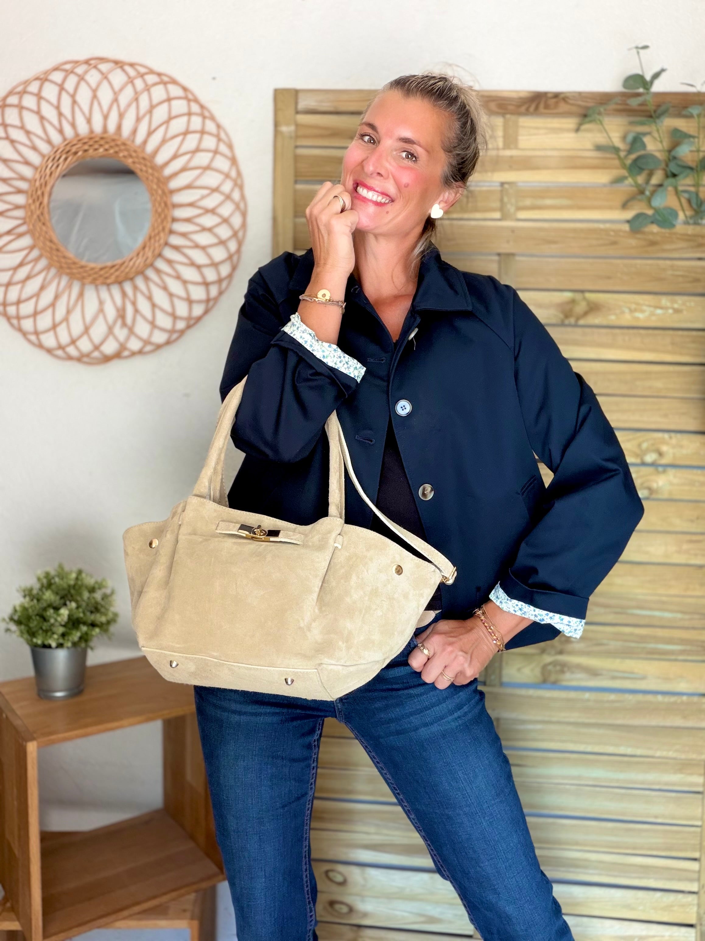 Sac cabas en cuir daim HANA - Beige