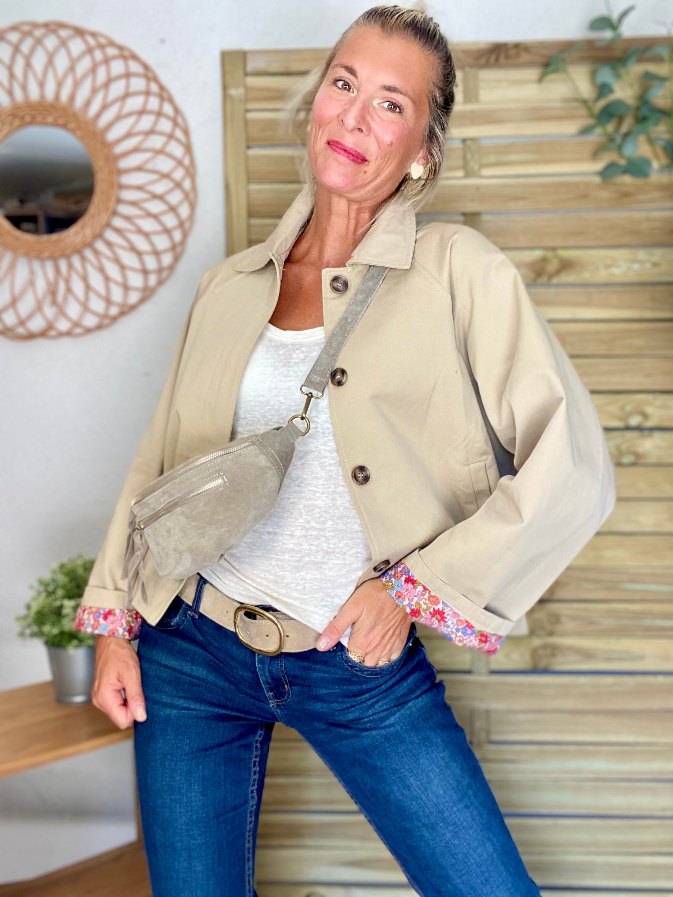 Veste Trench en coton beige avec Liberty - MAHAUT