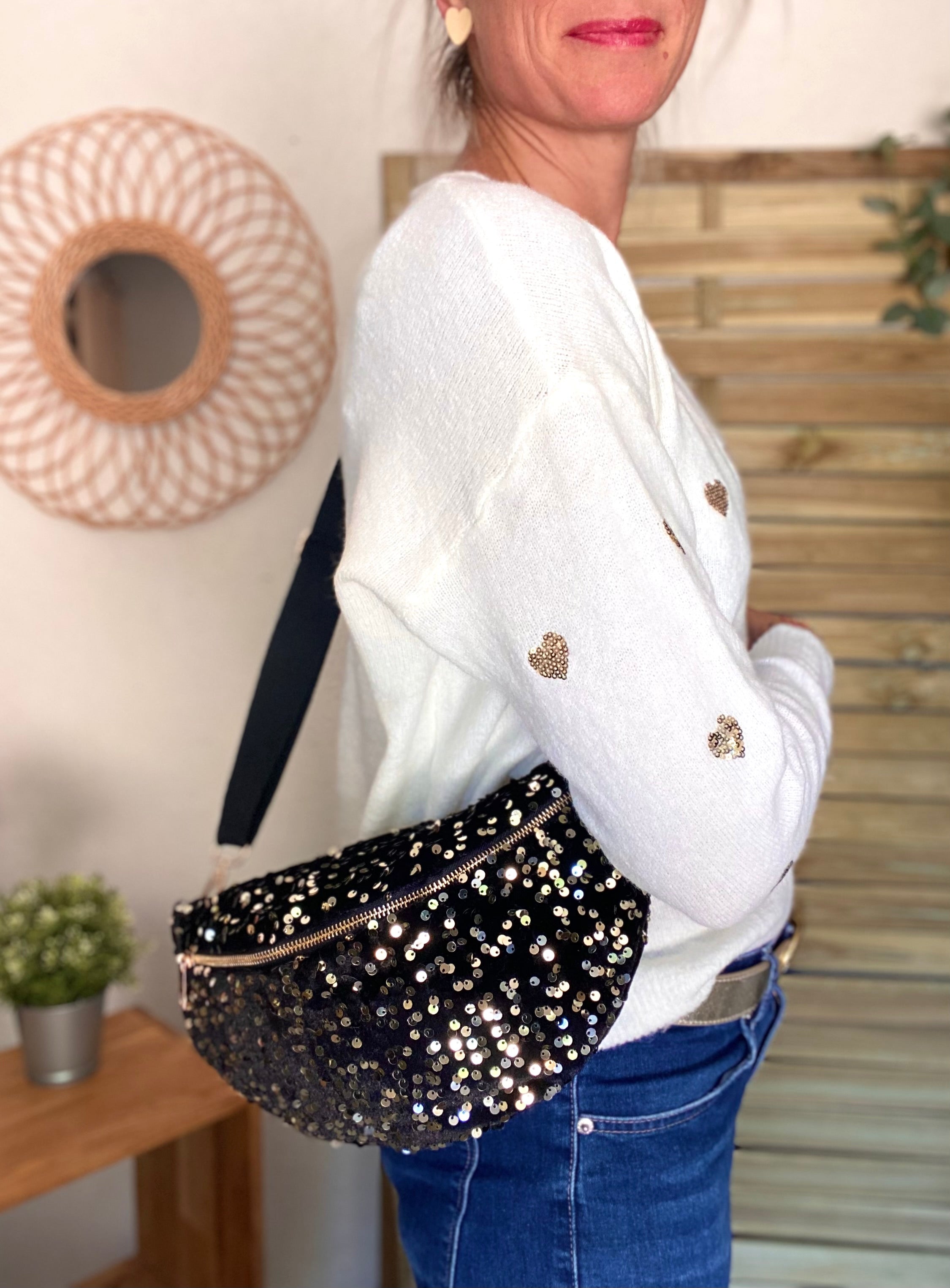 Sac banane L velours à sequins Ciao Boum - TAYLOR - Noir à sequins dorés