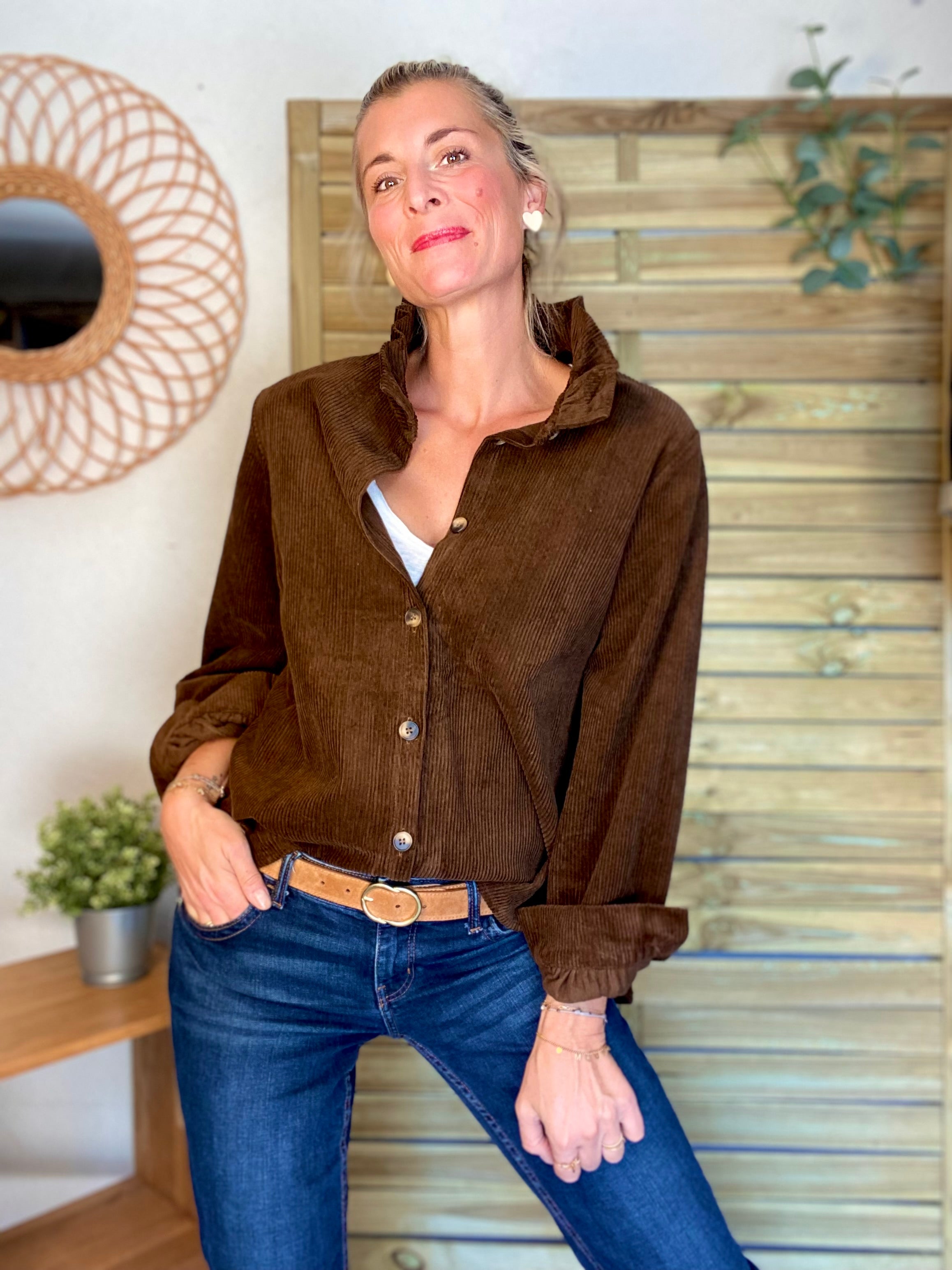 Veste / Chemise en coton, col victorien volanté YVONNE - Velours Chocolat