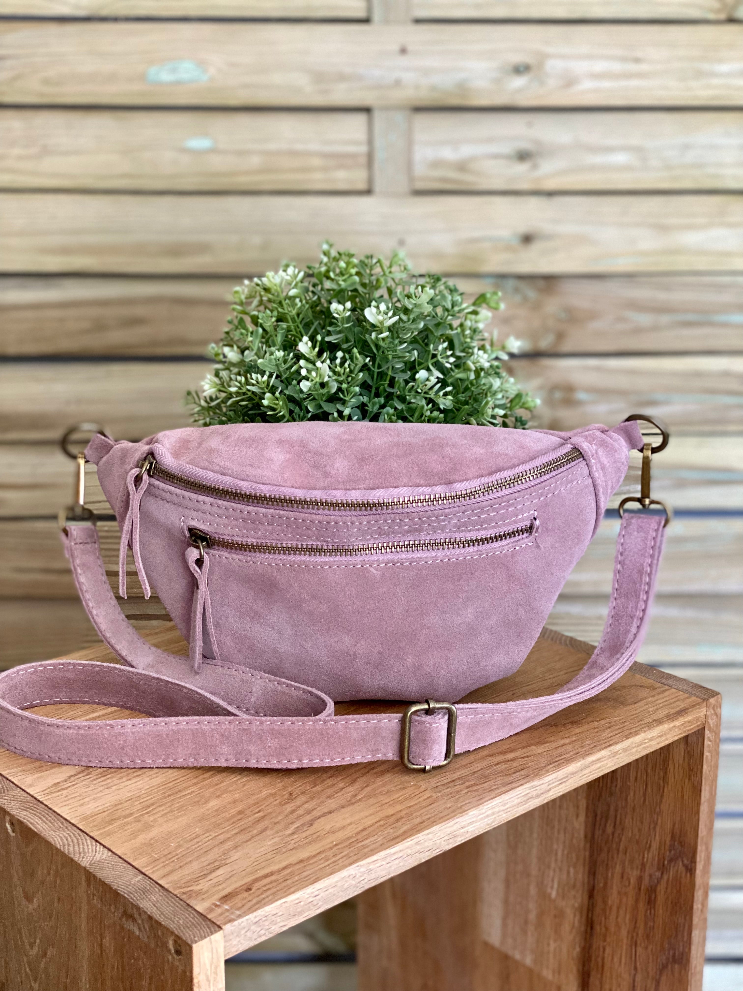 Sac banane double poche en cuir daim - OPALINE - Rose clair / Vieux rose (14 coloris)