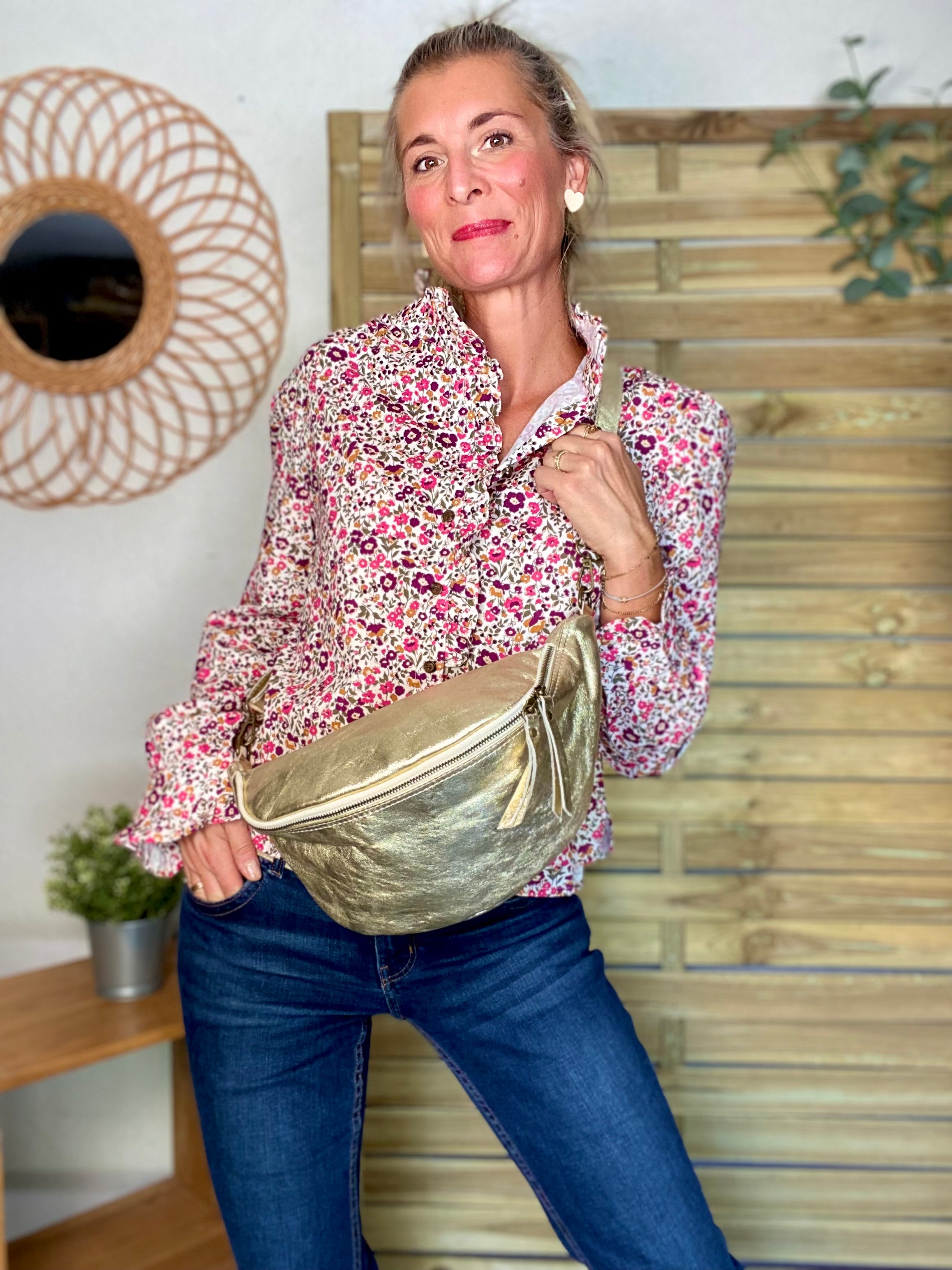 Sac banane XL en cuir - JANE - Doré