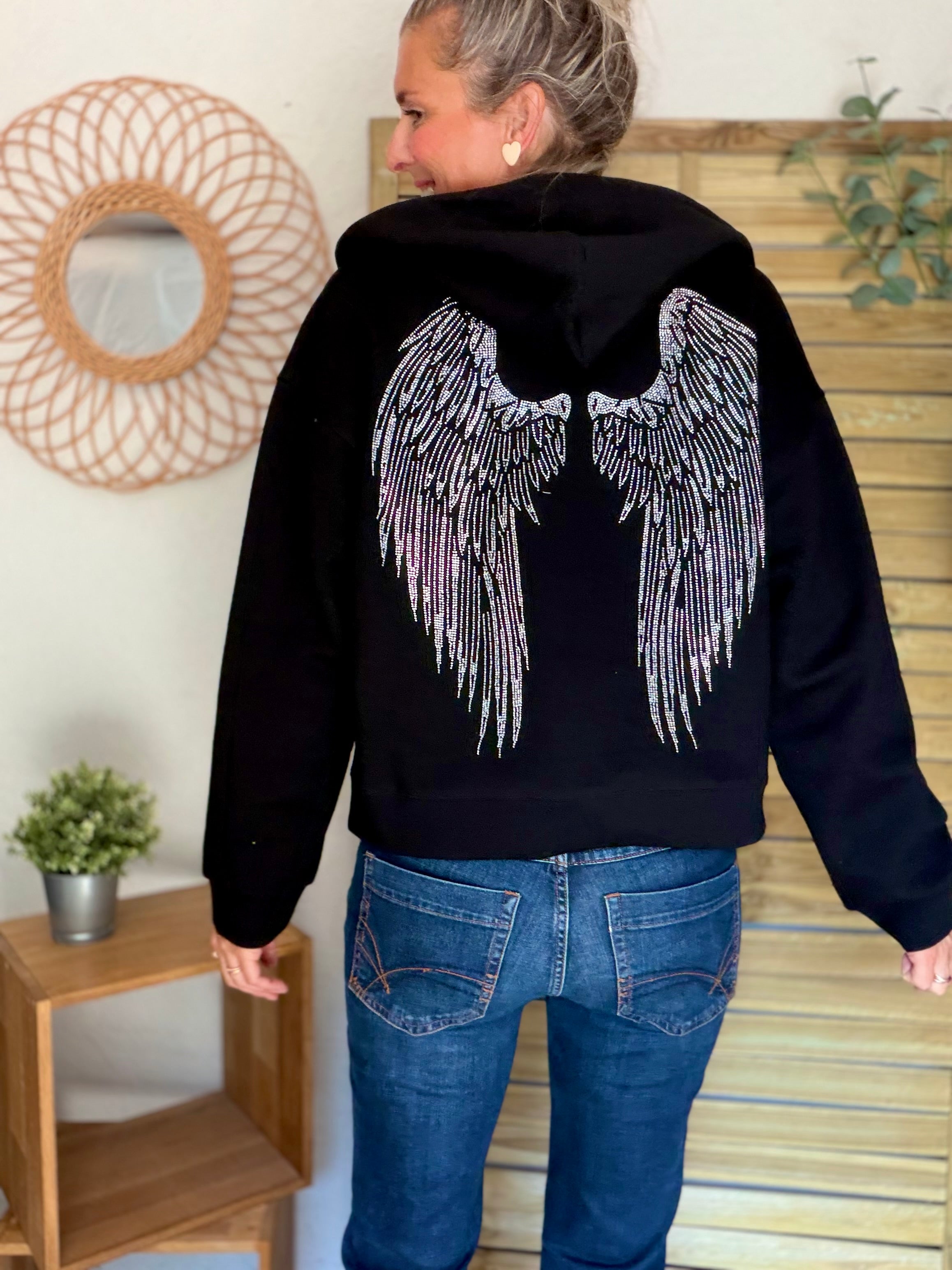 Hoodie sweat gilet strass (ailes) CLOTHILDE - Noir