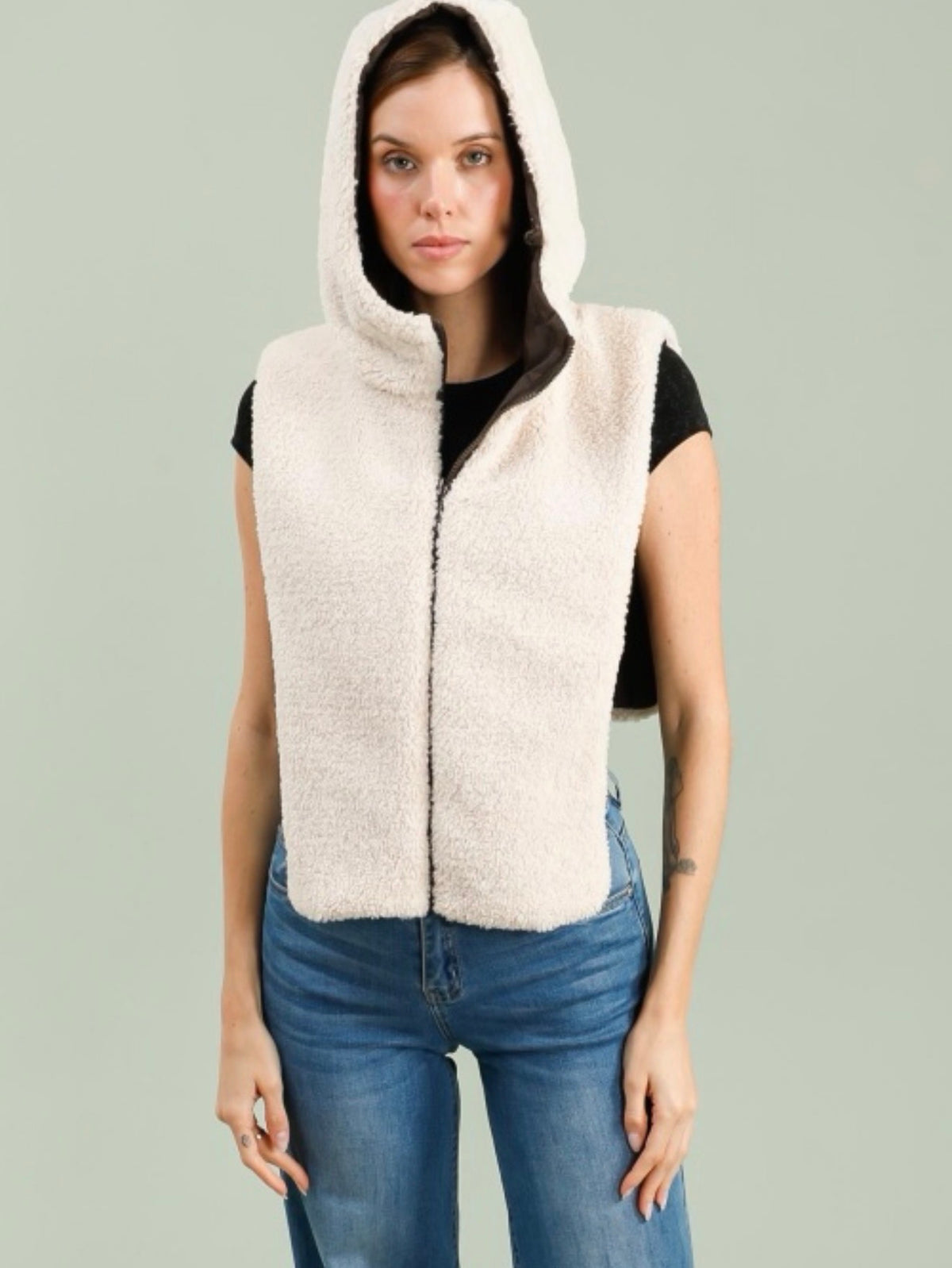 LAURA JO - Col capuche amovible réversible TONY - Choco / Sherpa écru