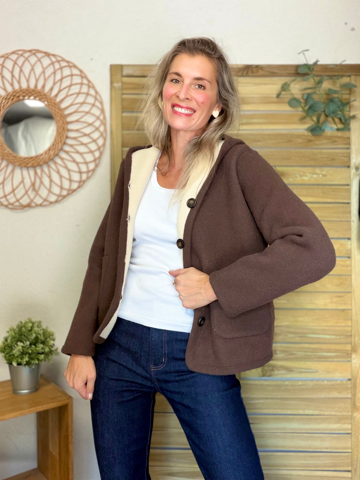 Veste / Gilet chaud réversible avec capuche ORIANE Choco / Beige