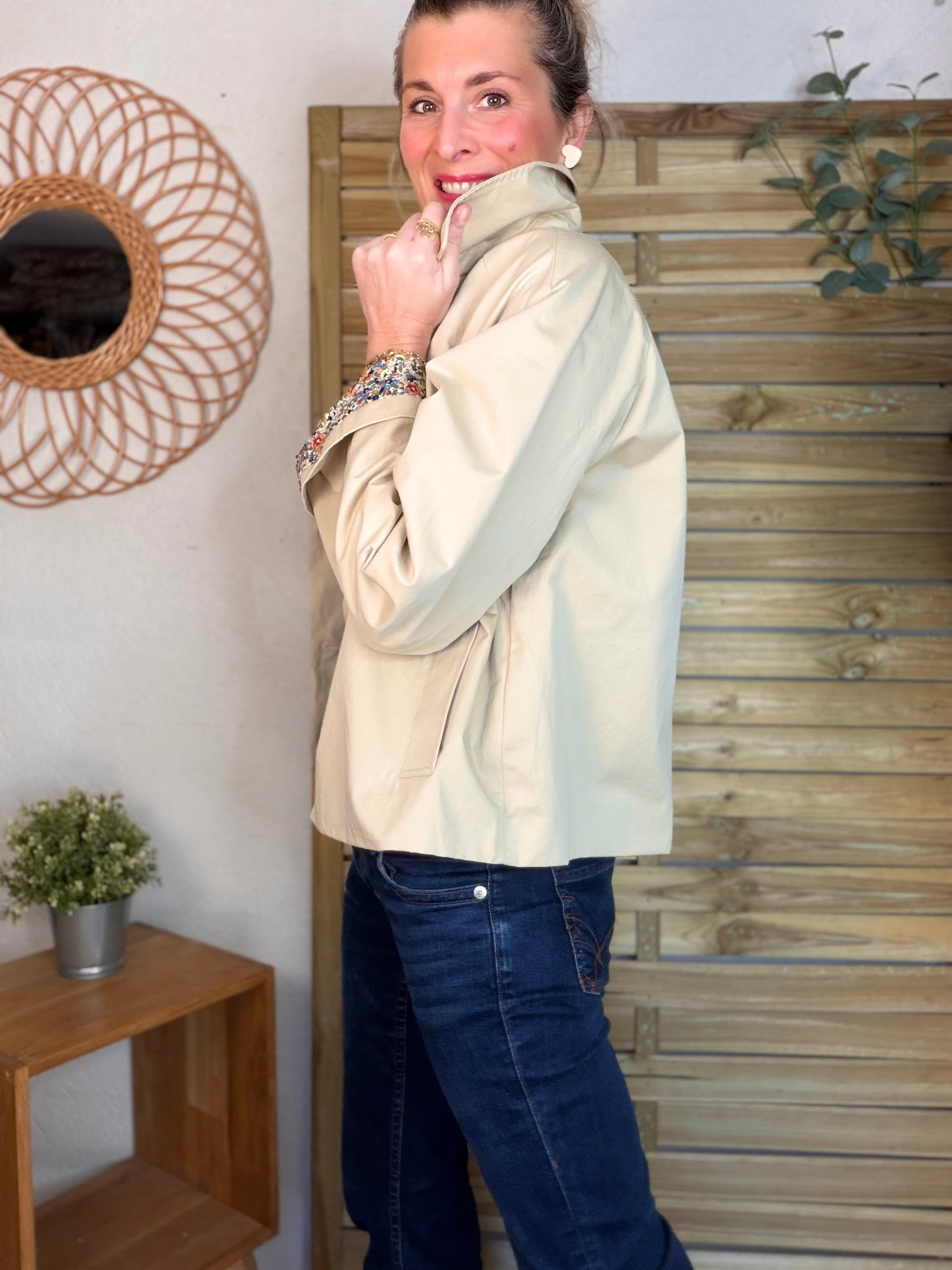 Veste Trench en coton beige avec Liberty - MARION (Taille 2 ans à la Taille L)