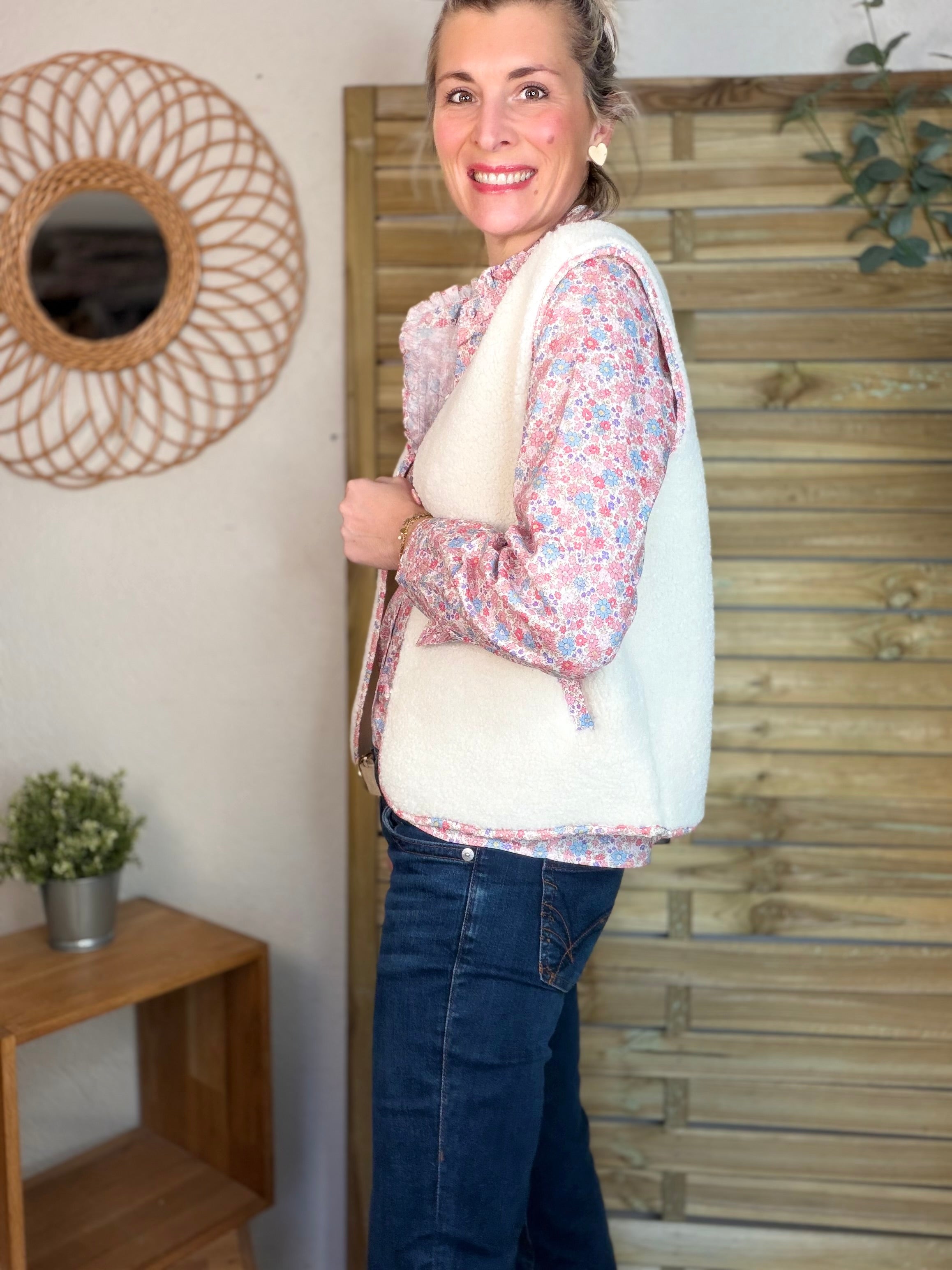 Gilet sans manche moumoute et Liberty LUCIE