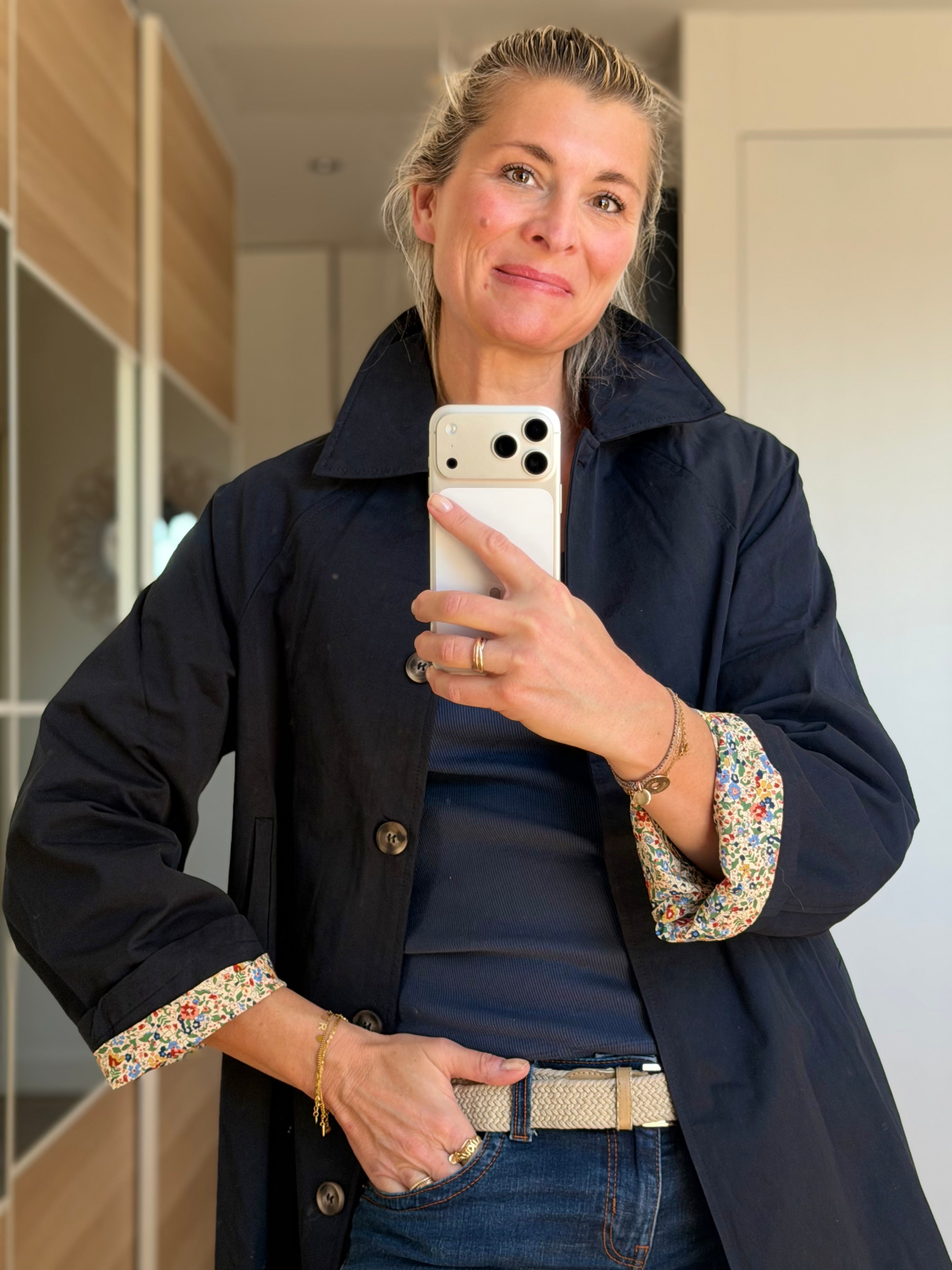 Veste Trench en coton Bleu marine avec Liberty - MAHAUT MI LONG - LILI et LALA