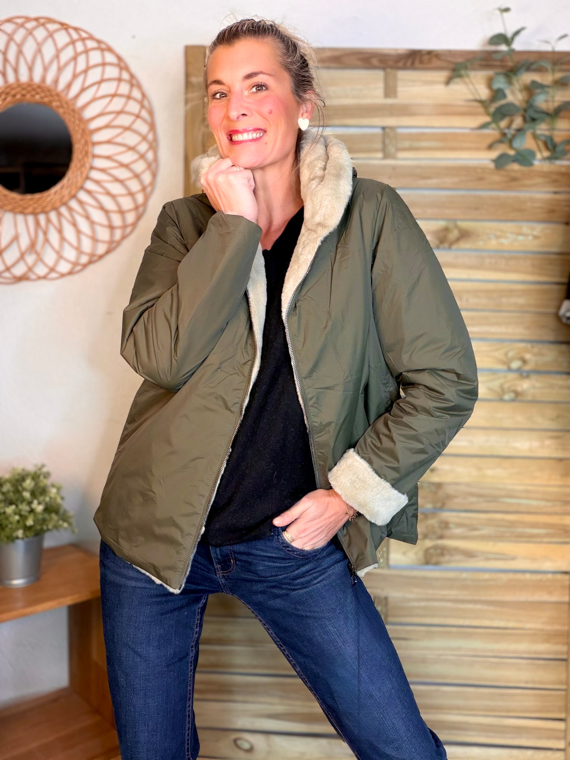 Parka Imperméable réversible fourrée Kaki / Beige ALIX Court - LAURA JO