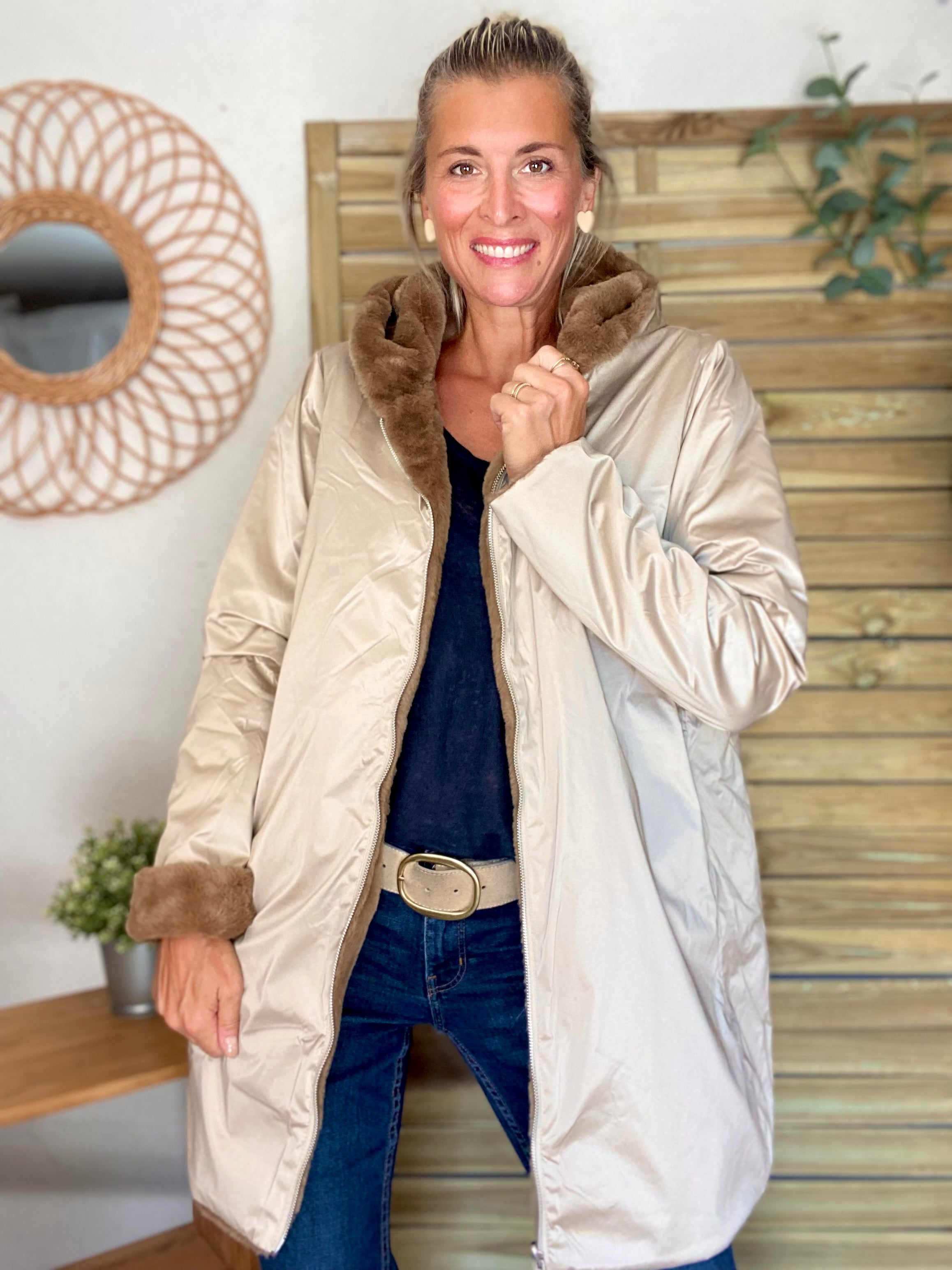 Parka Imperméable réversible fourrée Sable irisé / Camel ALIX - LAURA JO