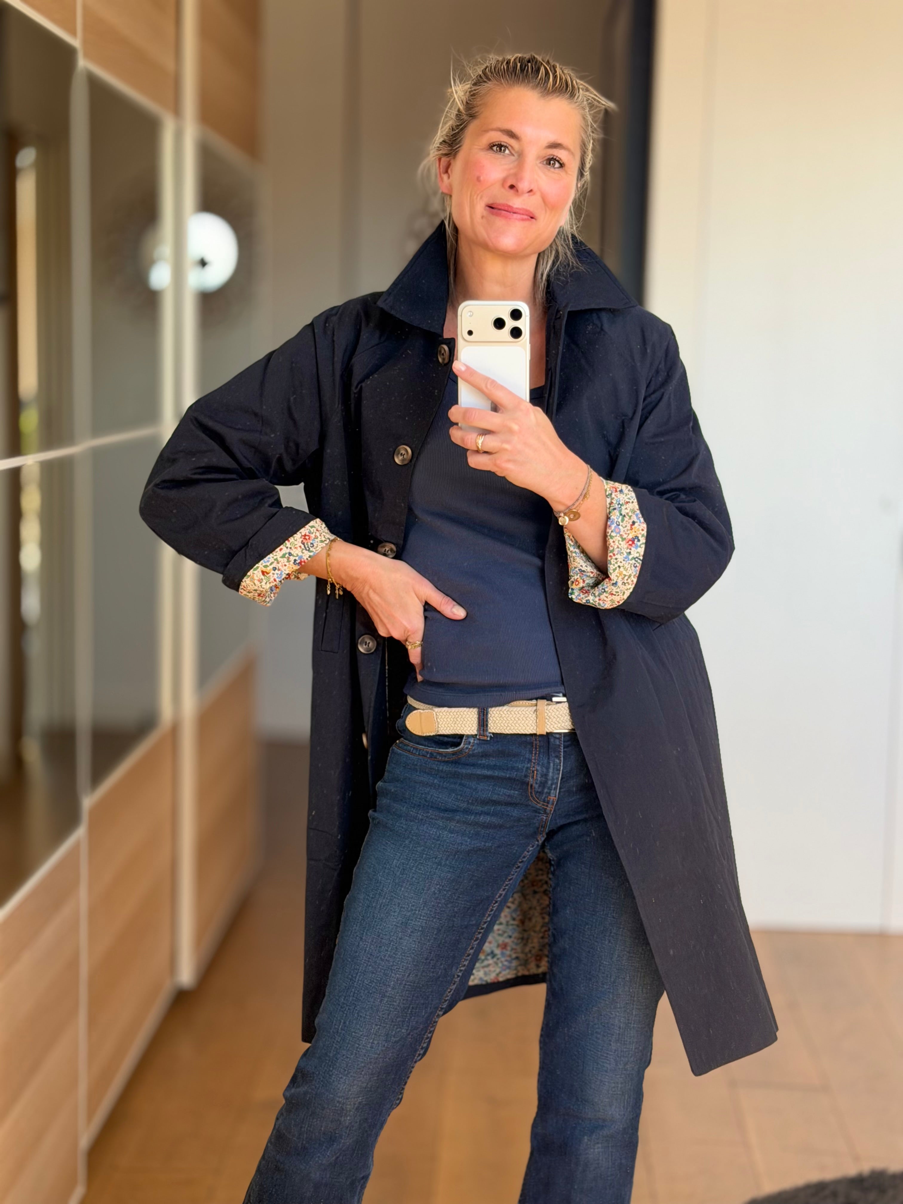 Veste Trench en coton Bleu marine avec Liberty - MAHAUT MI LONG - LILI et LALA