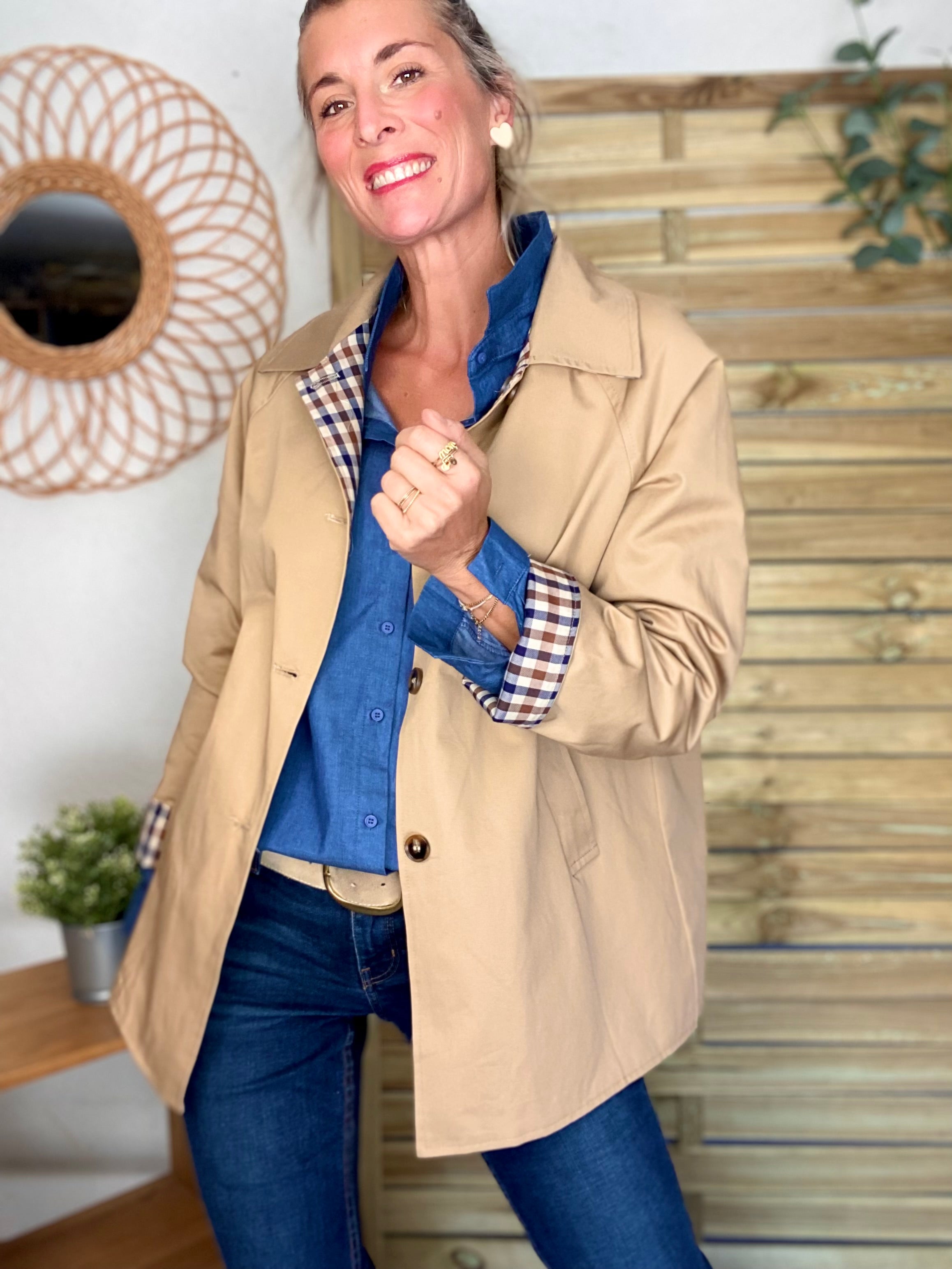 Veste Trench mi long réversible vichy LENA - Camel clair