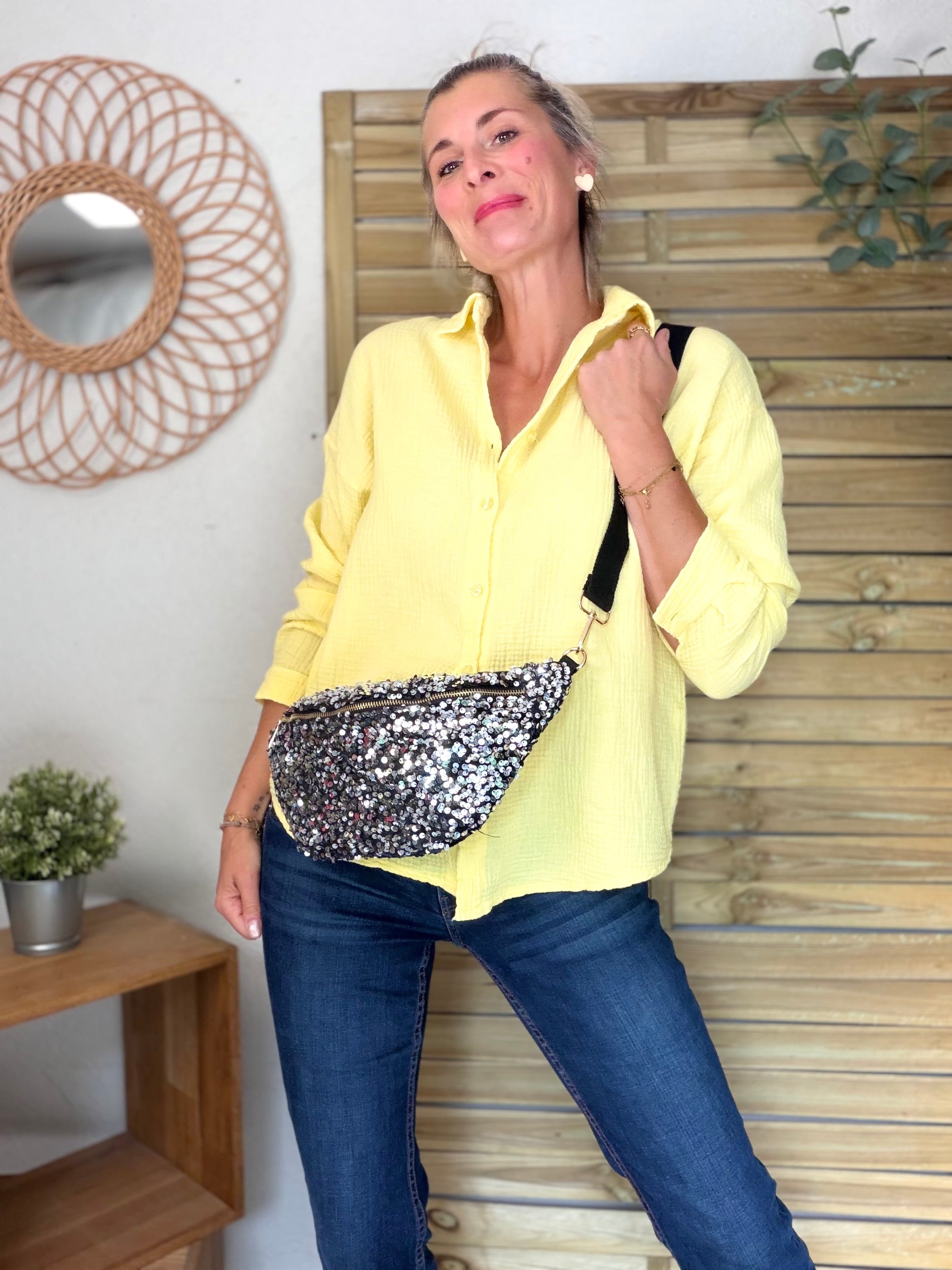 Sac banane L velours à sequins Ciao Boum- TAYLOR - Noir / Argent