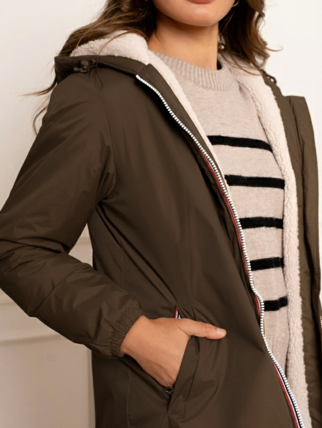LAURA JO - Parka Imperméable LOUISE LONG Sherpa écru - Chocolat