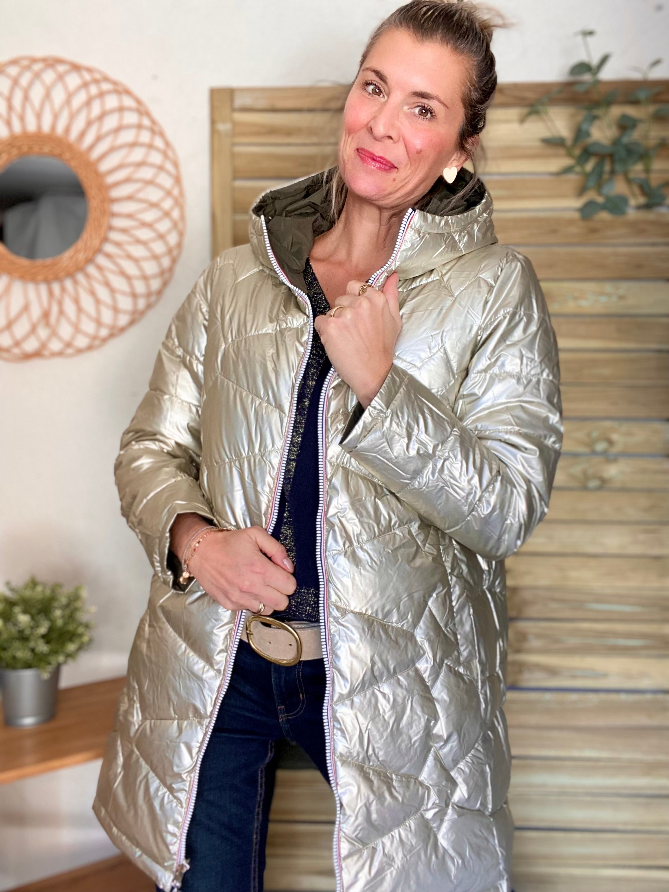 Doudoune réversible imperméable longue INÈS - Kaki / Doré - Laura Jo