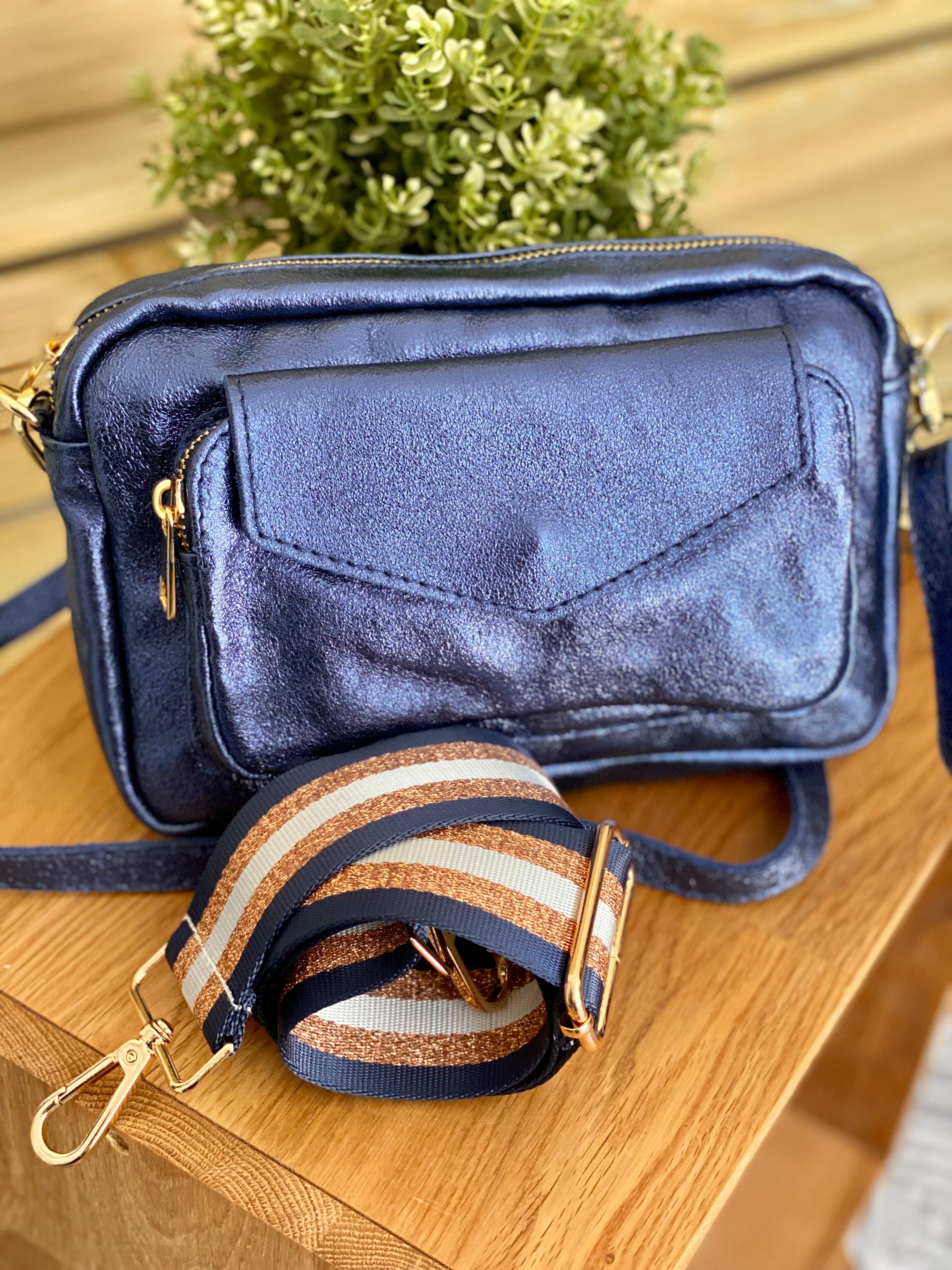 Sac bandoulière en cuir irisé - CHERRY - bleu jean