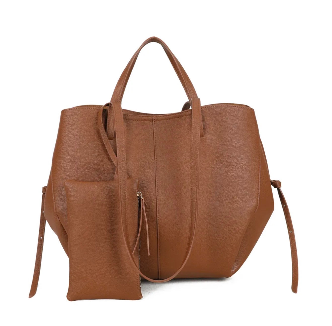 Grand Sac cabas 2 en 1 en simili cuir grainé - PAULE Camel