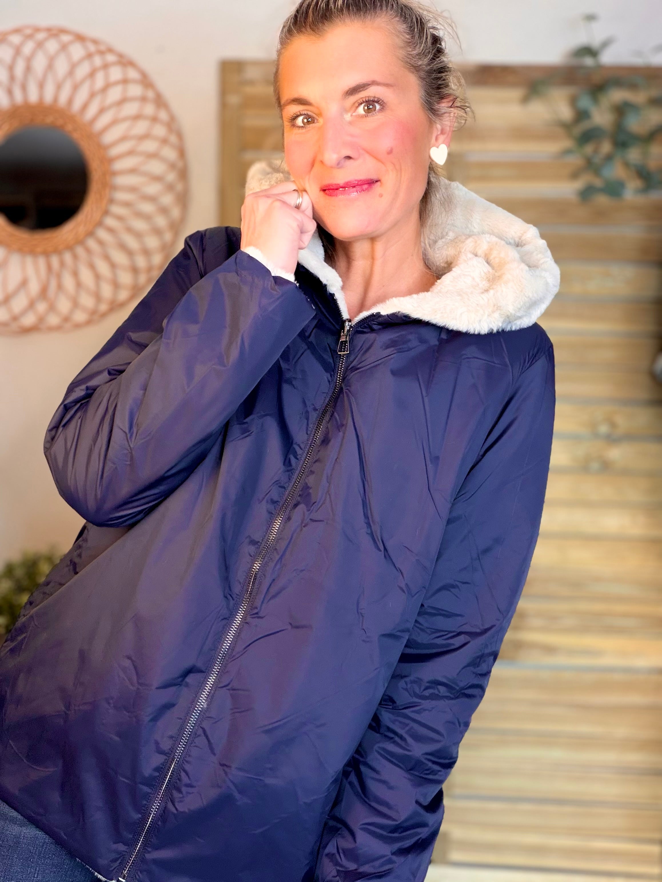Parka Imperméable réversible fourrée Marine / Beige ALIX Court - LAURA JO
