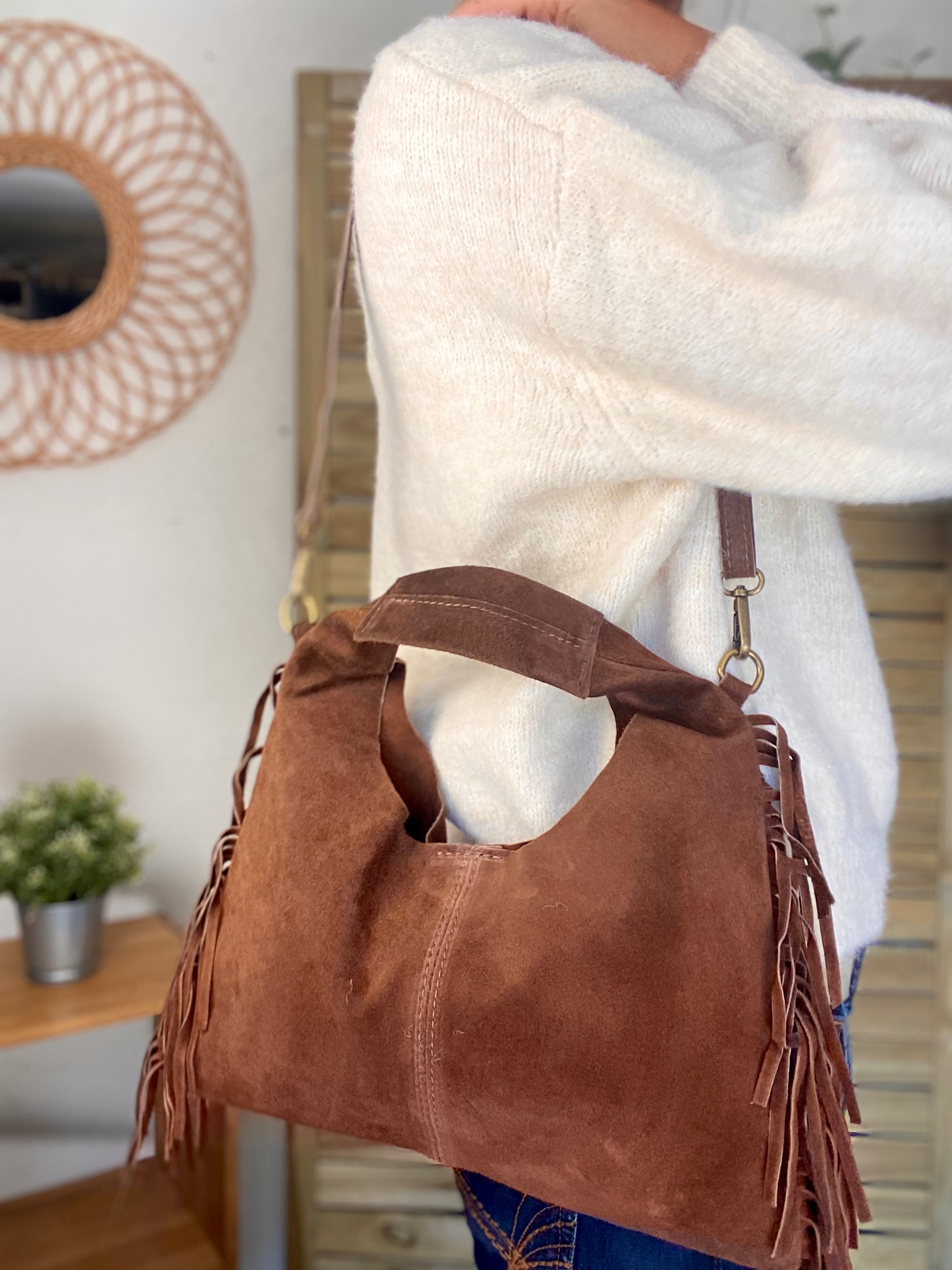 Sac en cuir daim avec franges AARON - Chocolat