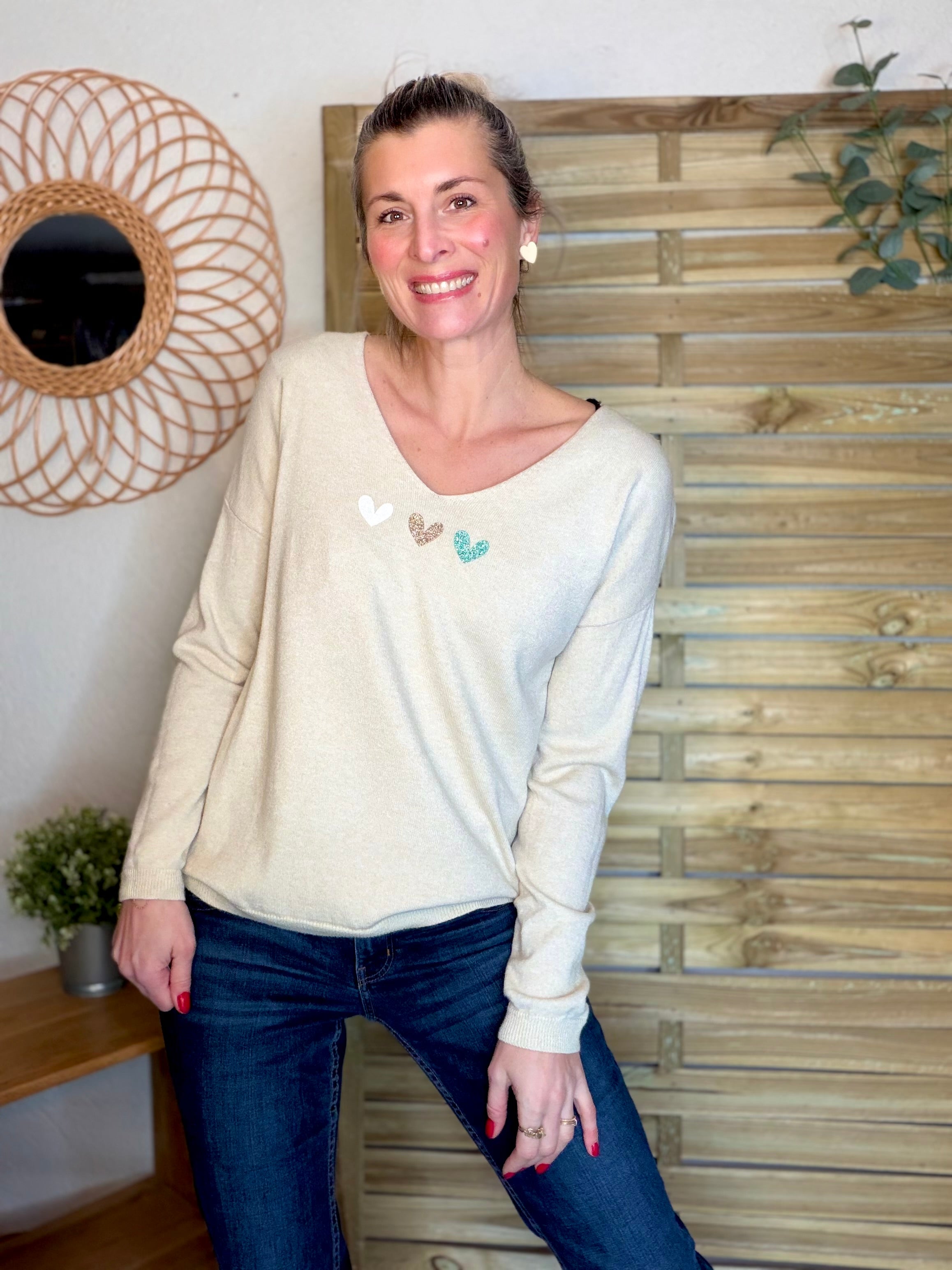 Pull fin 3 cœurs 💛 BERTILLE - Beige