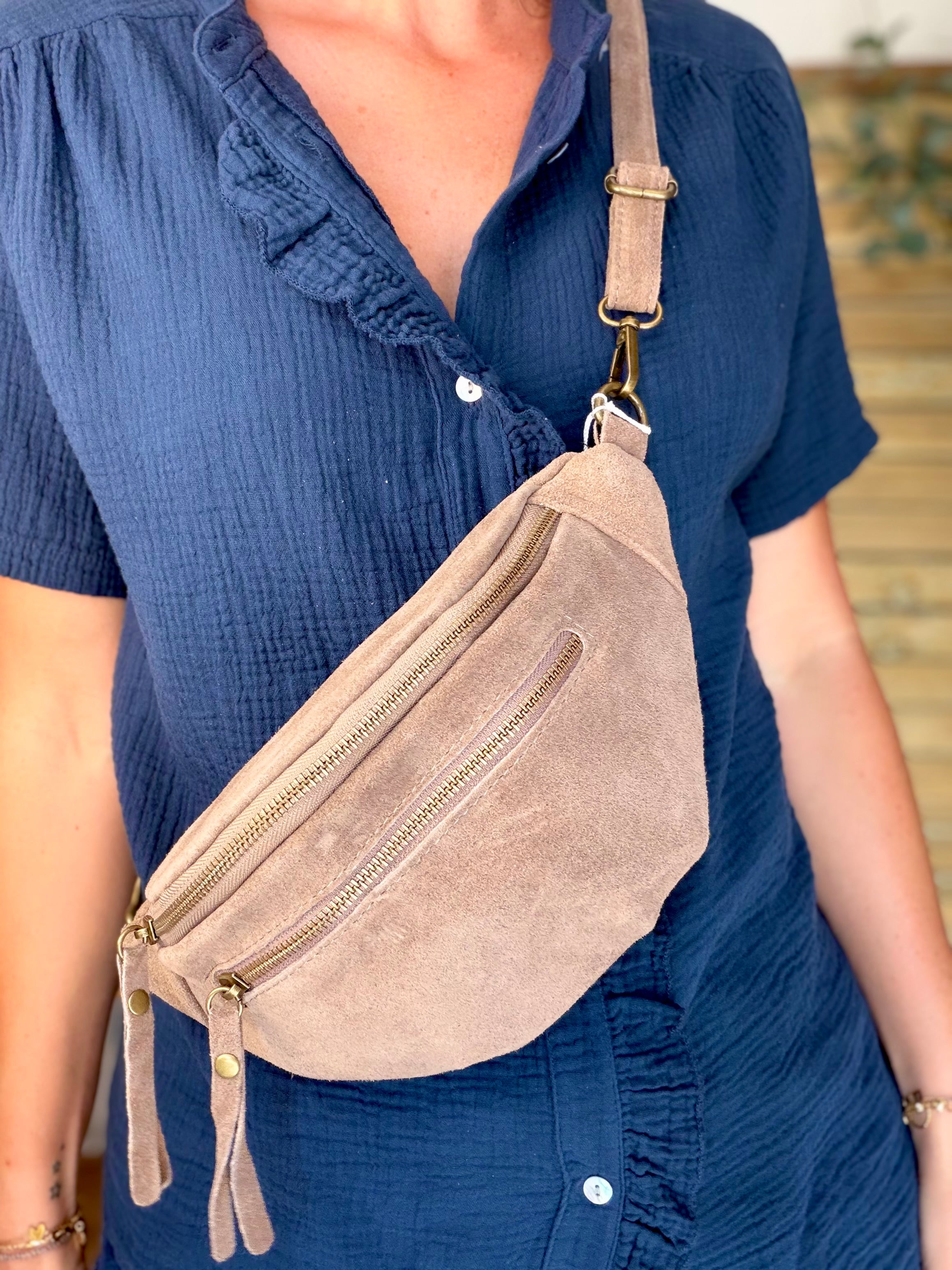 Sac banane double poche en cuir daim - OPALINE - Taupe