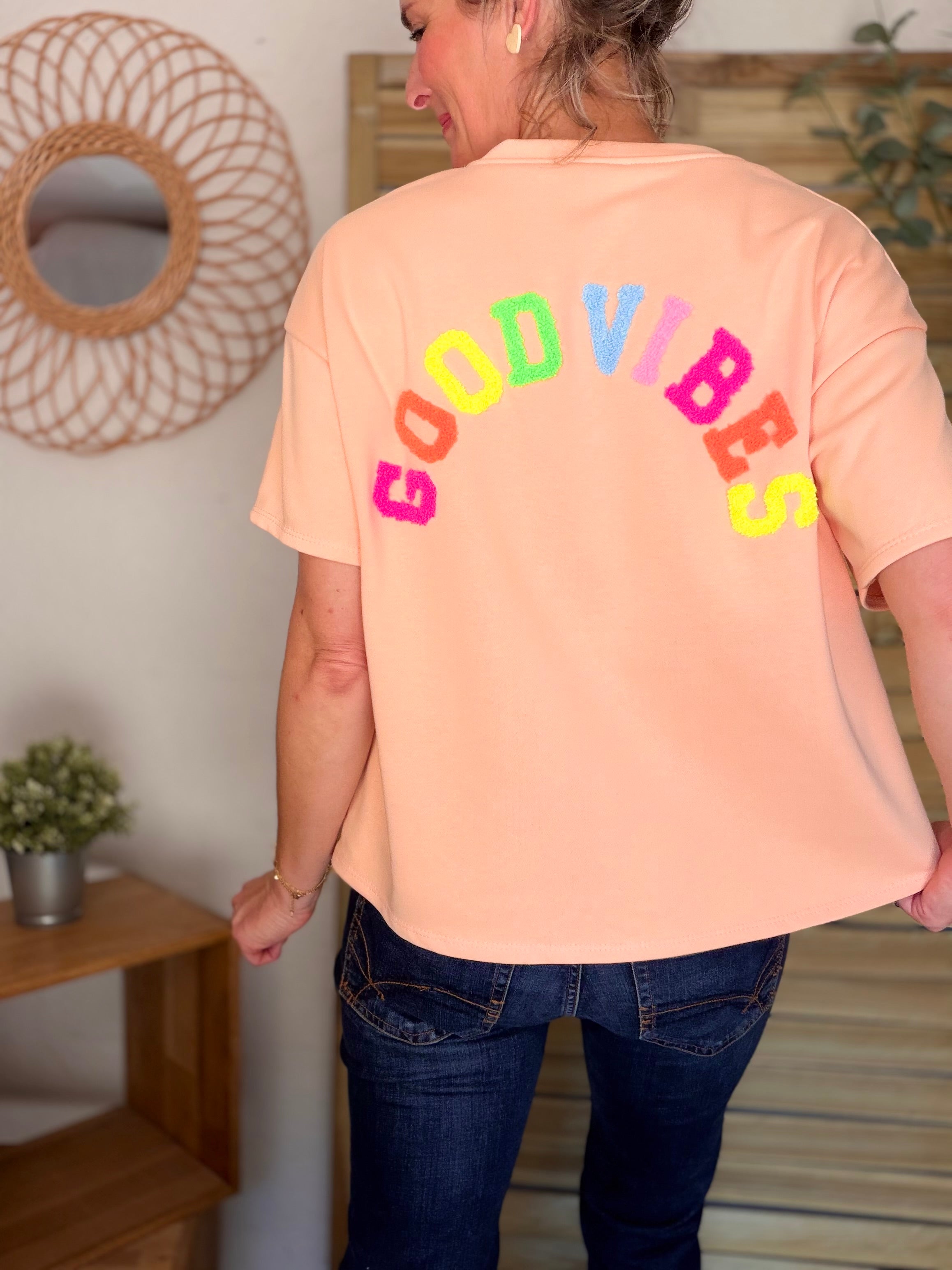 Tee shirt GOOD VIBES matière sweat - ALESSIA Pêche