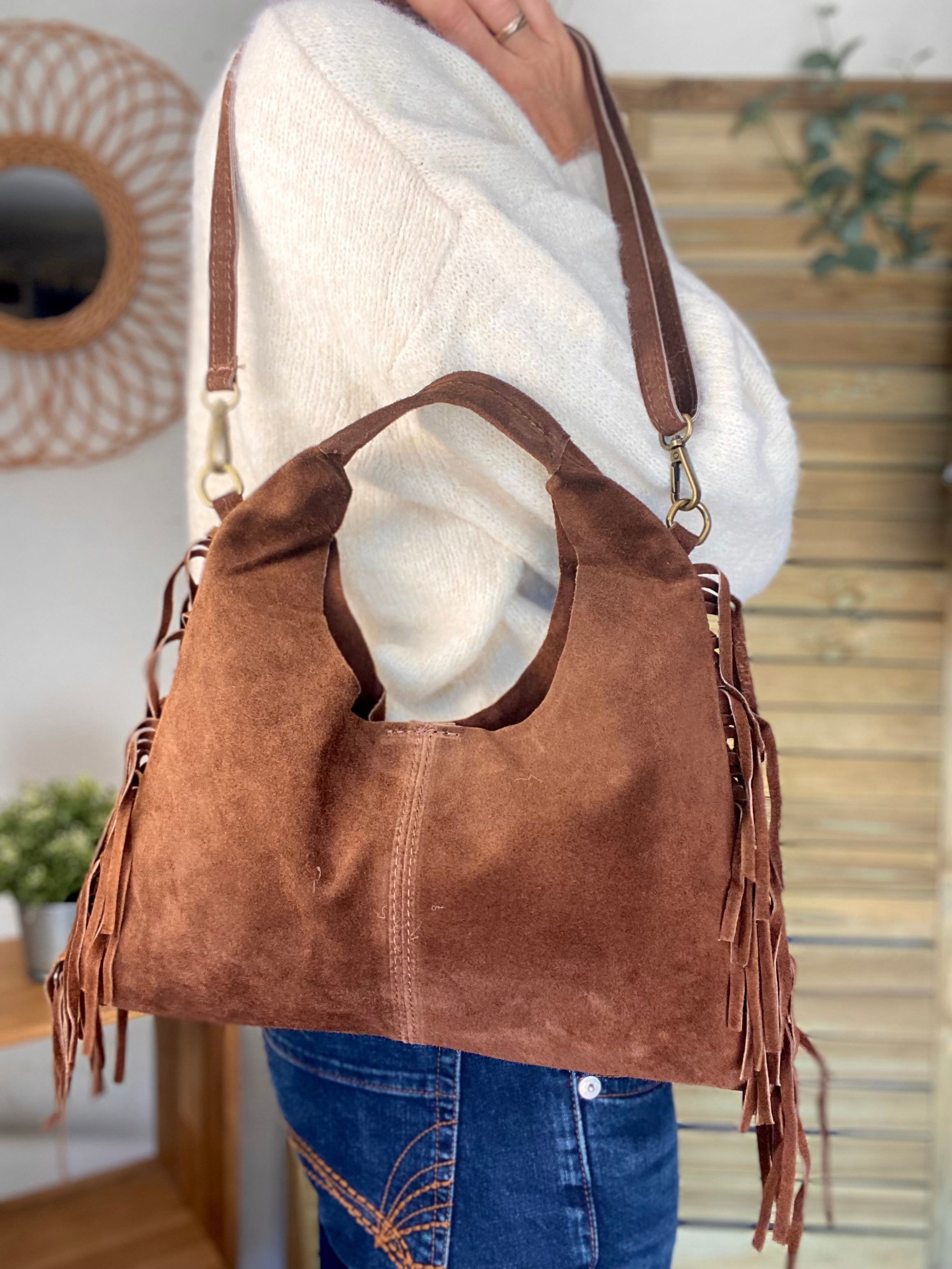 Sac en cuir daim avec franges AARON - Chocolat