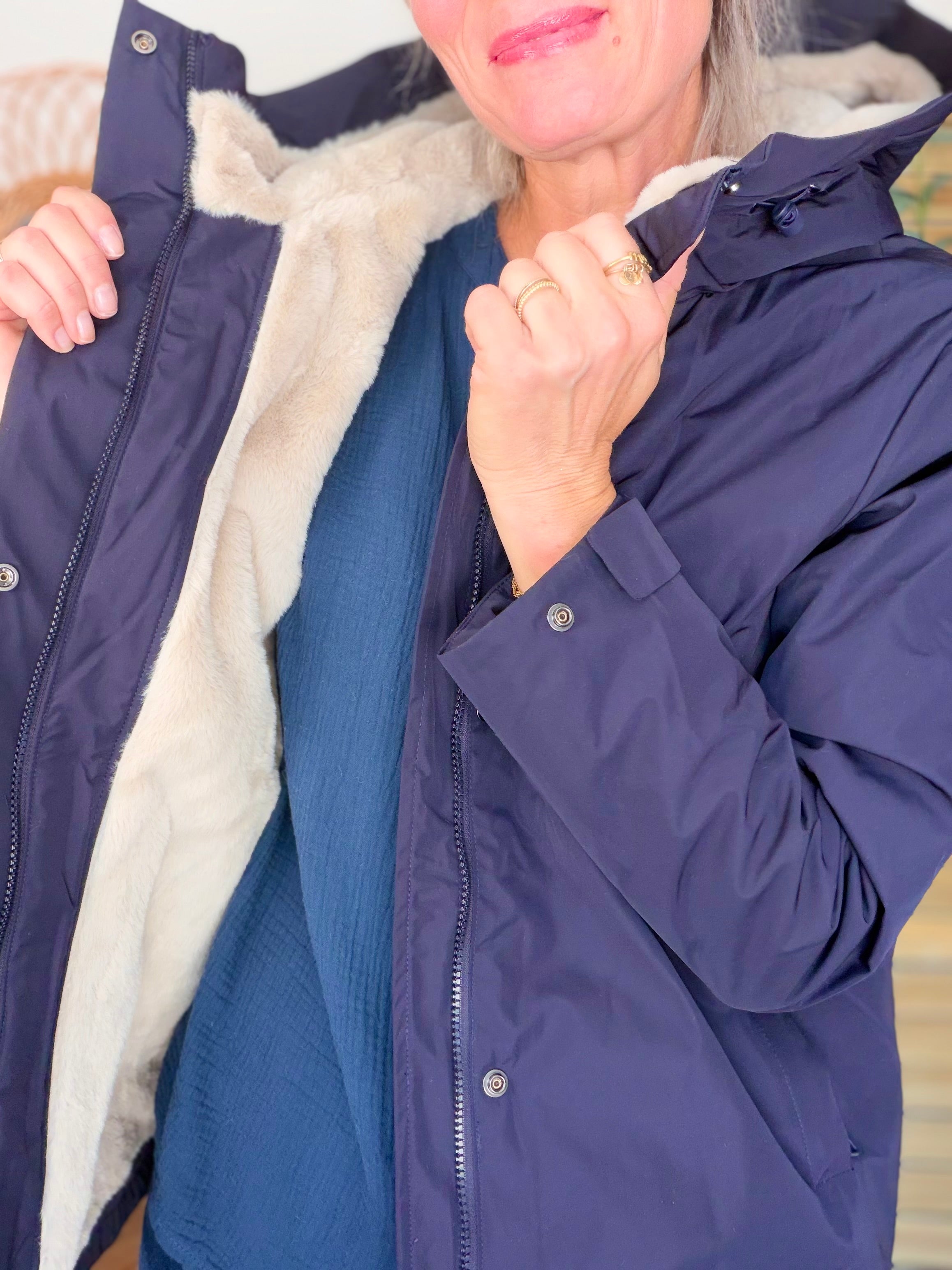 LAURA JO - Parka fourrée imperméable AMBRE MI-LONG - Bleu marine / Beige