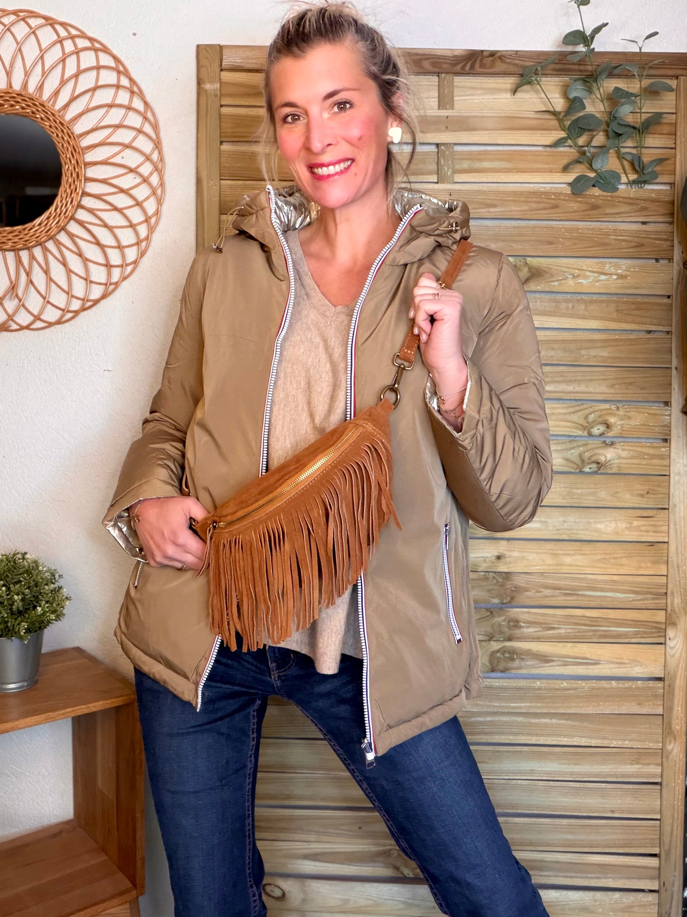 Sac banane avec franges en cuir daim - PIETRA - Camel
