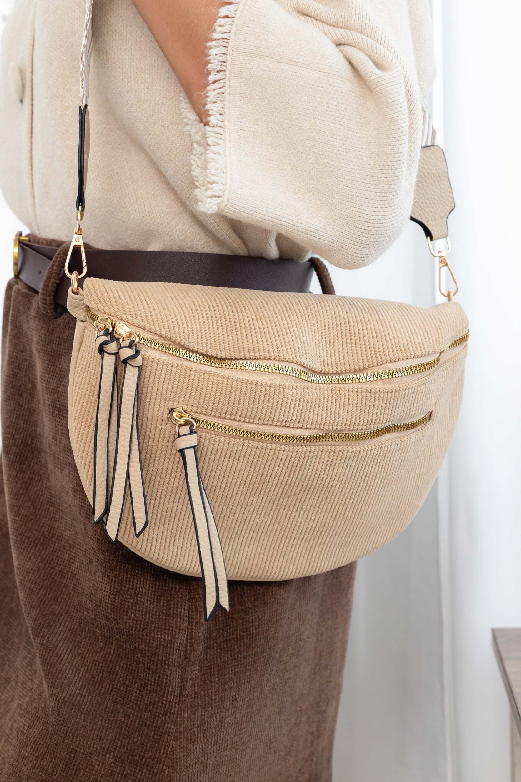 Sac banane en velours côtelé, sangle fantaisie - KATY - Camel clair