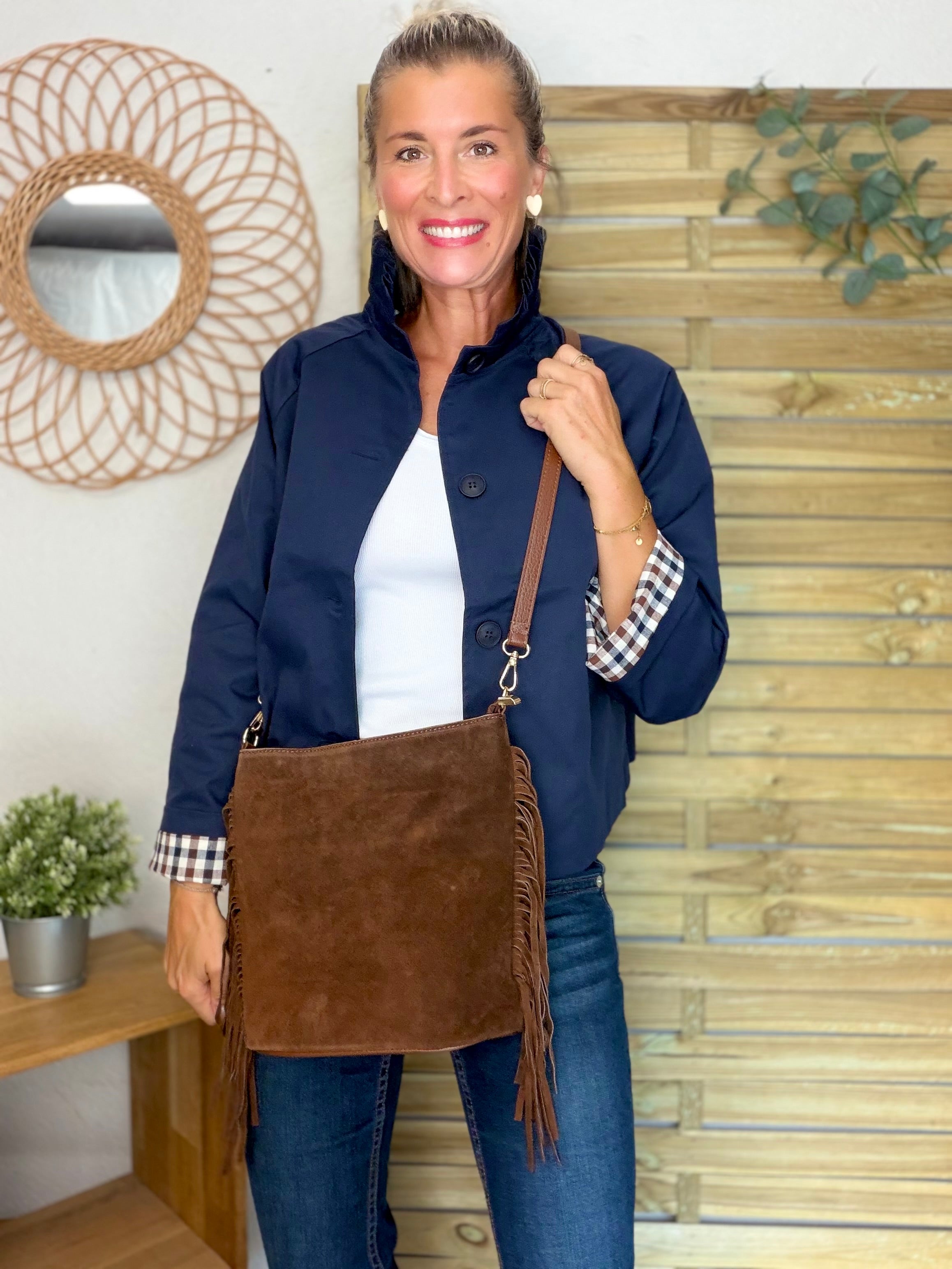 Veste Trench col victorien, revers carreaux - VICKY Bleu marine